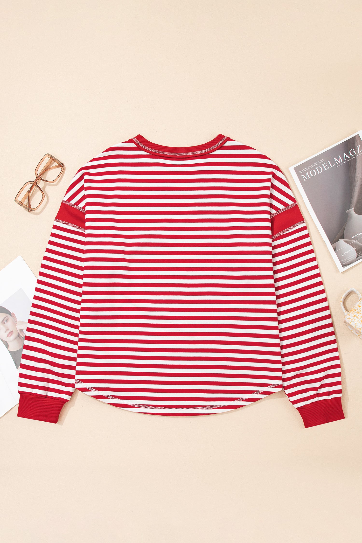 Red Stripe Exposed Seam V Neck Balloon Sleeve Pullover-Tops/Long Sleeve Tops-[Adult]-[Female]-2022 Online Blue Zone Planet