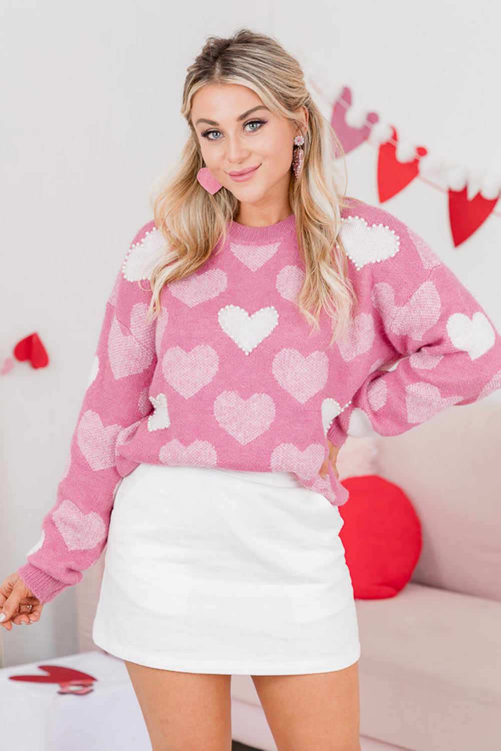 Blue Zone Planet | Pink Pearled Heart Print Valentines Crew Neck Sweater-Sweaters & Cardigans/Sweaters-[Adult]-[Female]-2022 Online Blue Zone Planet