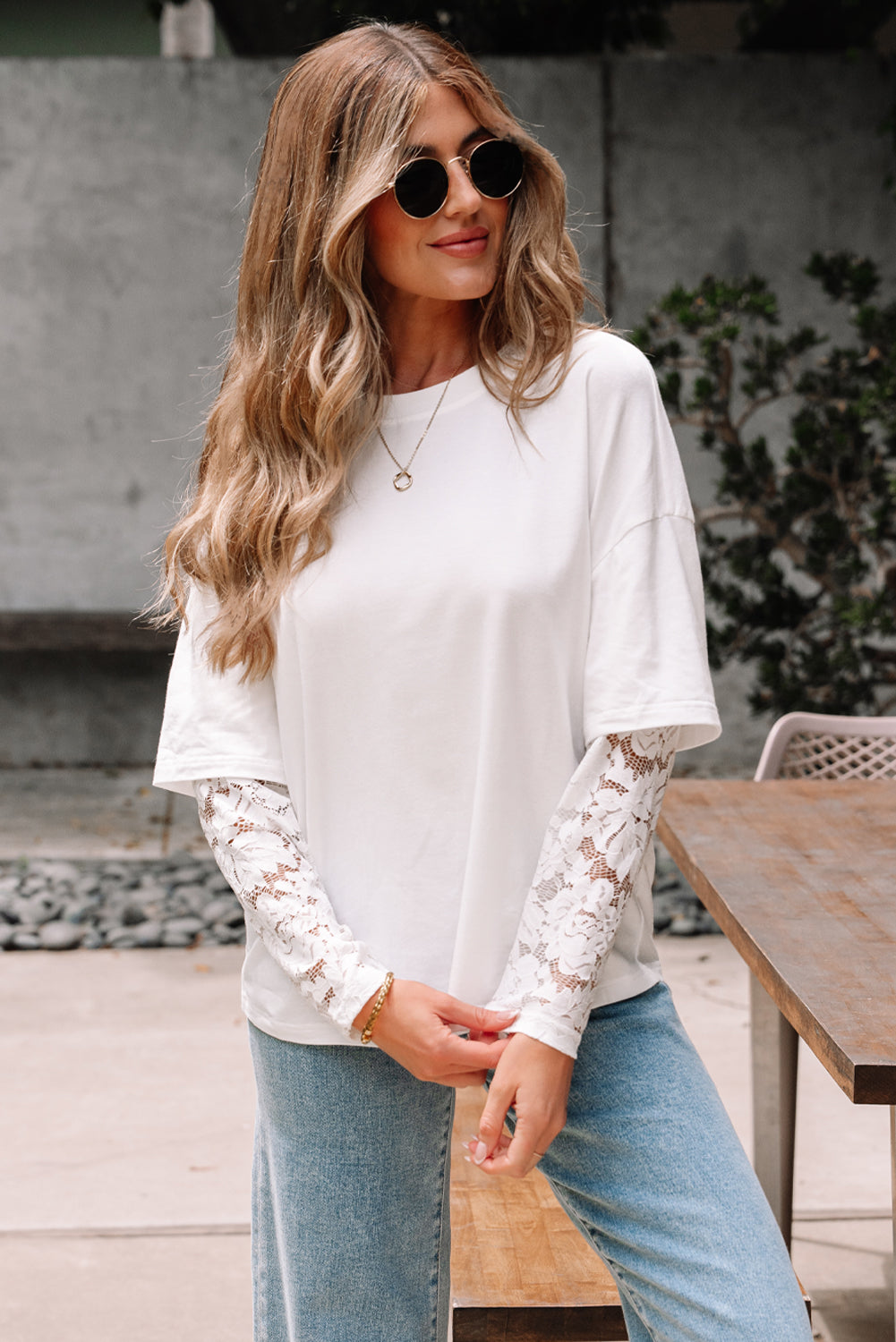 White Lace Long Sleeve Insert Drop Shoulder Tee-Tops/Tops & Tees-[Adult]-[Female]-2022 Online Blue Zone Planet
