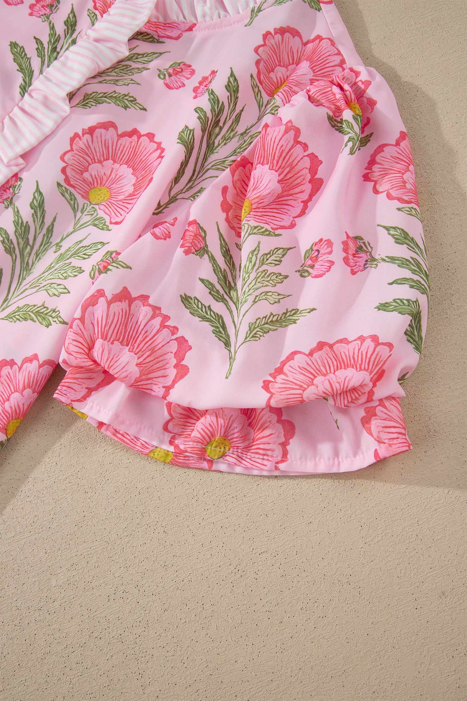 Pink Sweet Blooms Ruffle Striped Trim Puff Sleeve Shirt-Tops/Blouses & Shirts-[Adult]-[Female]-2022 Online Blue Zone Planet