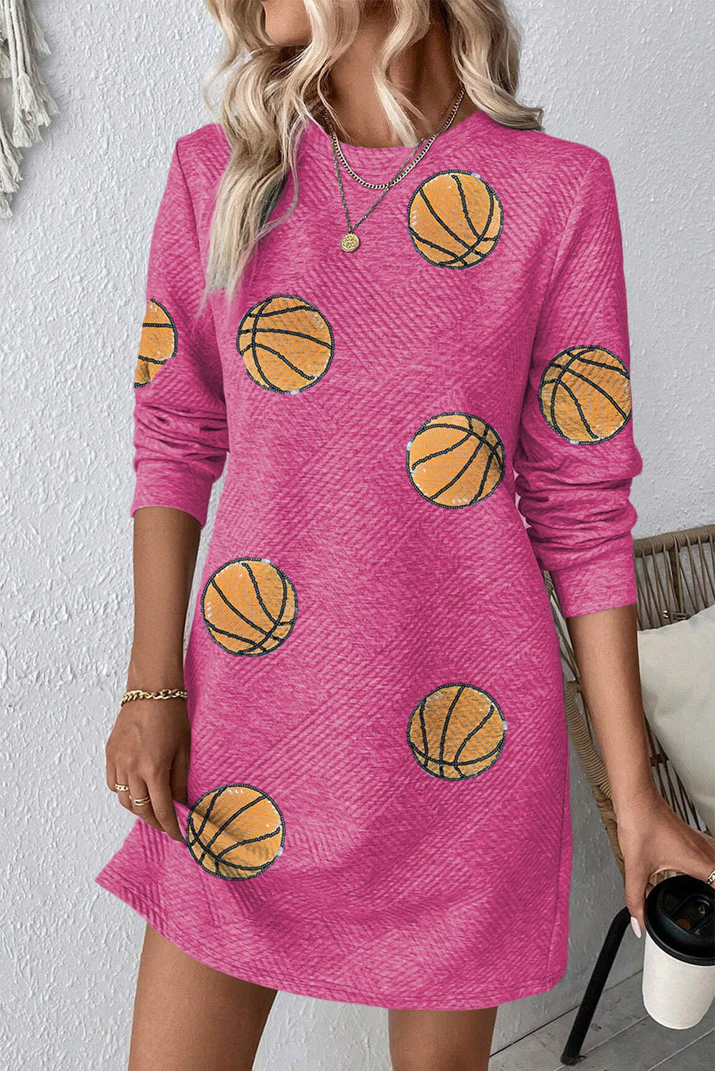 Gray Sequin Basketball Patched Textured Crewneck Shift Mini Dress-Graphic Apparel-[Adult]-[Female]-Rose Red-S-2022 Online Blue Zone Planet