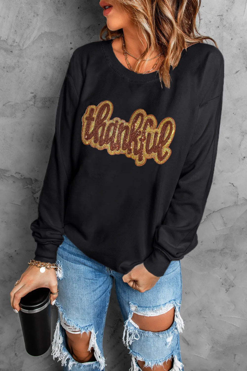 THANKFUL Round Neck Long Sleeve Sweatshirt-TOPS / DRESSES-[Adult]-[Female]-2022 Online Blue Zone Planet