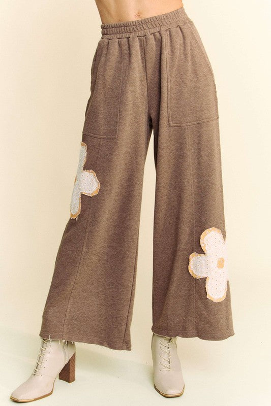 Davi & Dani Flower Patch Elastic Waist Wide Leg Pants-BOTTOM SIZES SMALL MEDIUM LARGE-[Adult]-[Female]-Mocha-S-2022 Online Blue Zone Planet