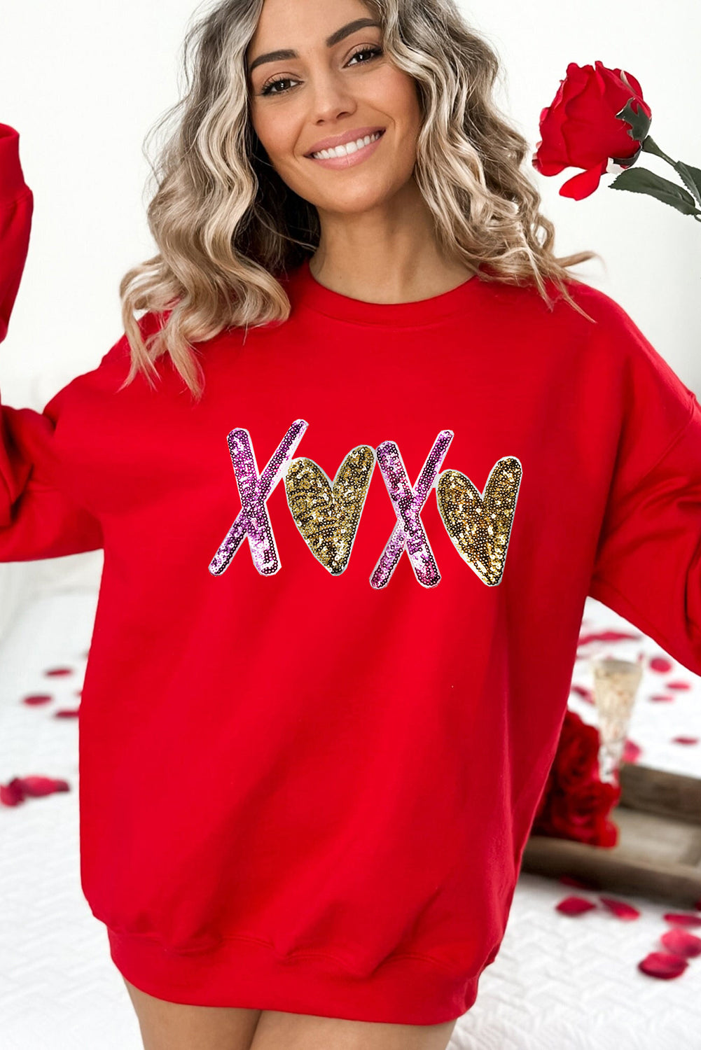 Red Heart XOXO Graphic Crewneck Valentines Pullover Sweatshirt-Graphic Sweatshirts-[Adult]-[Female]-2022 Online Blue Zone Planet