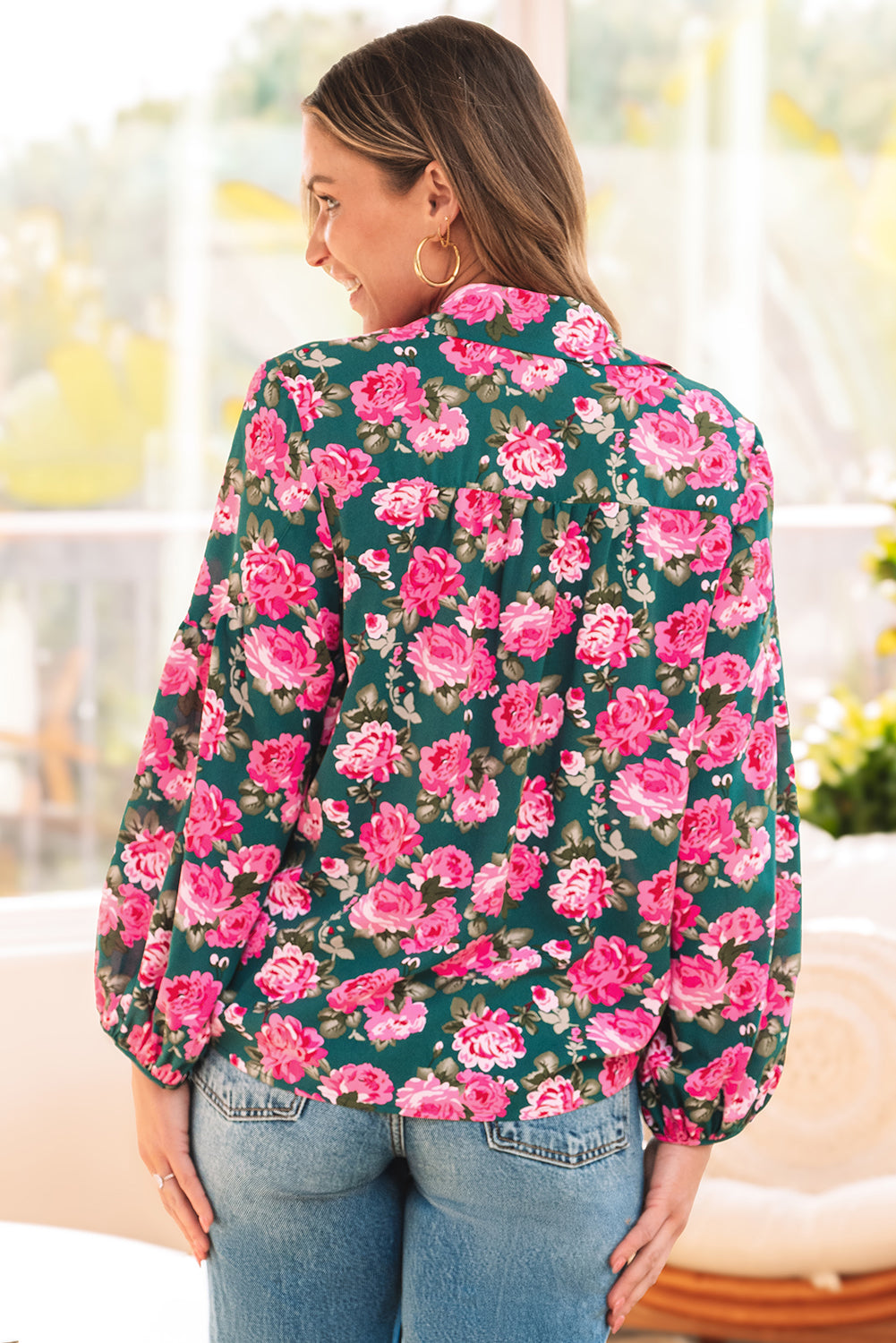 Blue Zone Planet | Green Floral Printed Tied Collar Puff Sleeve Blouse-Tops/Blouses & Shirts-[Adult]-[Female]-2022 Online Blue Zone Planet
