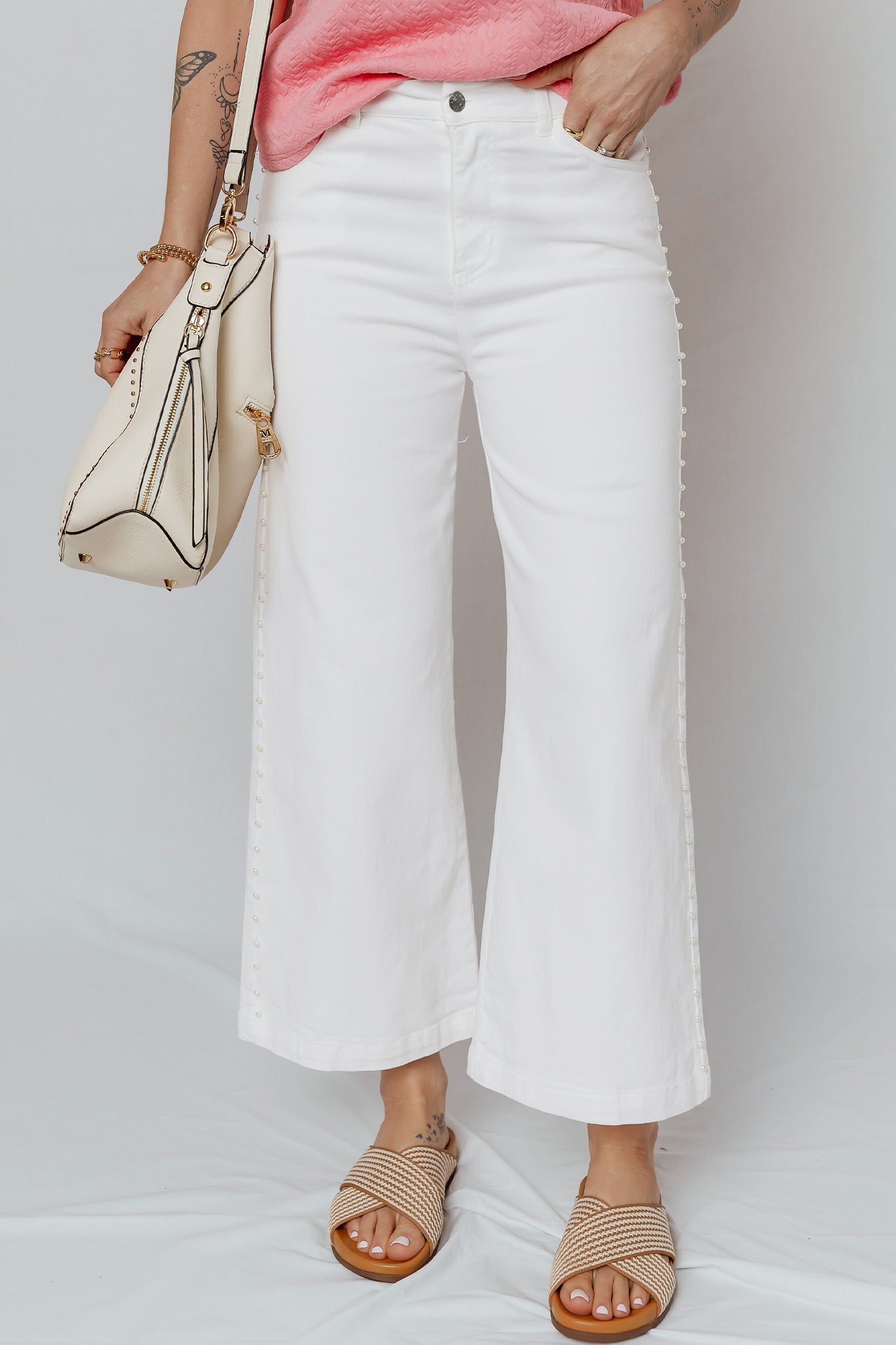 White Pearl Embellished Side Seam Ankle-length Shift Jeans-Bottoms/Jeans-[Adult]-[Female]-2022 Online Blue Zone Planet