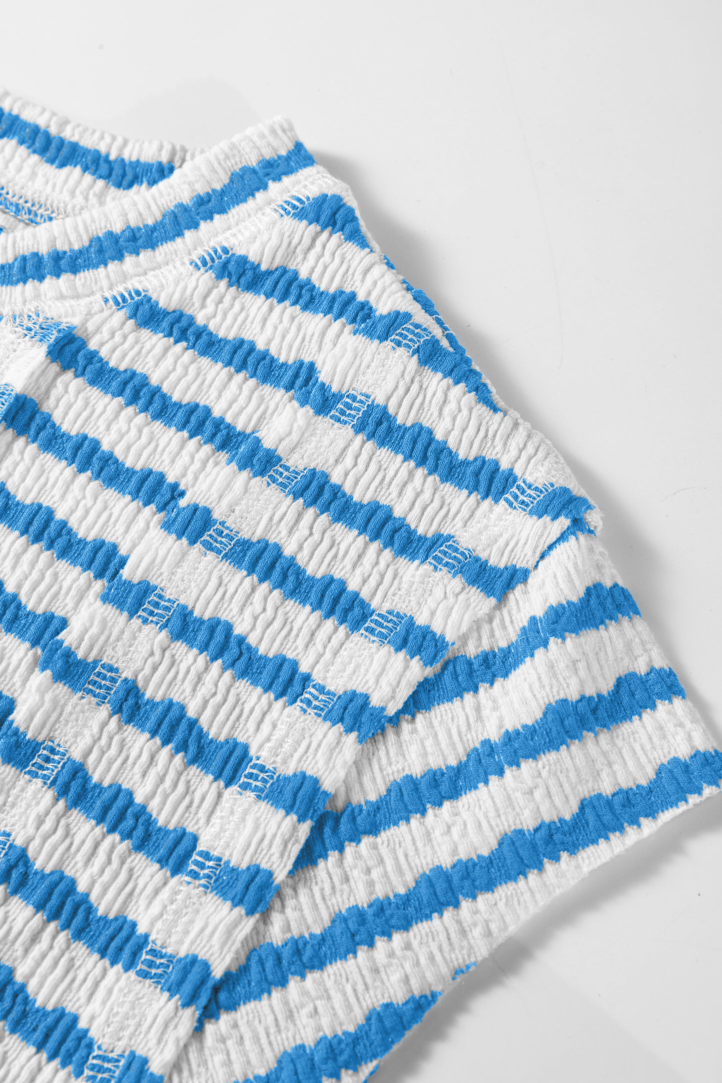 Blue Stripe Textured Short Sleeve Patchwork T Shirt-Tops/Tops & Tees-[Adult]-[Female]-2022 Online Blue Zone Planet