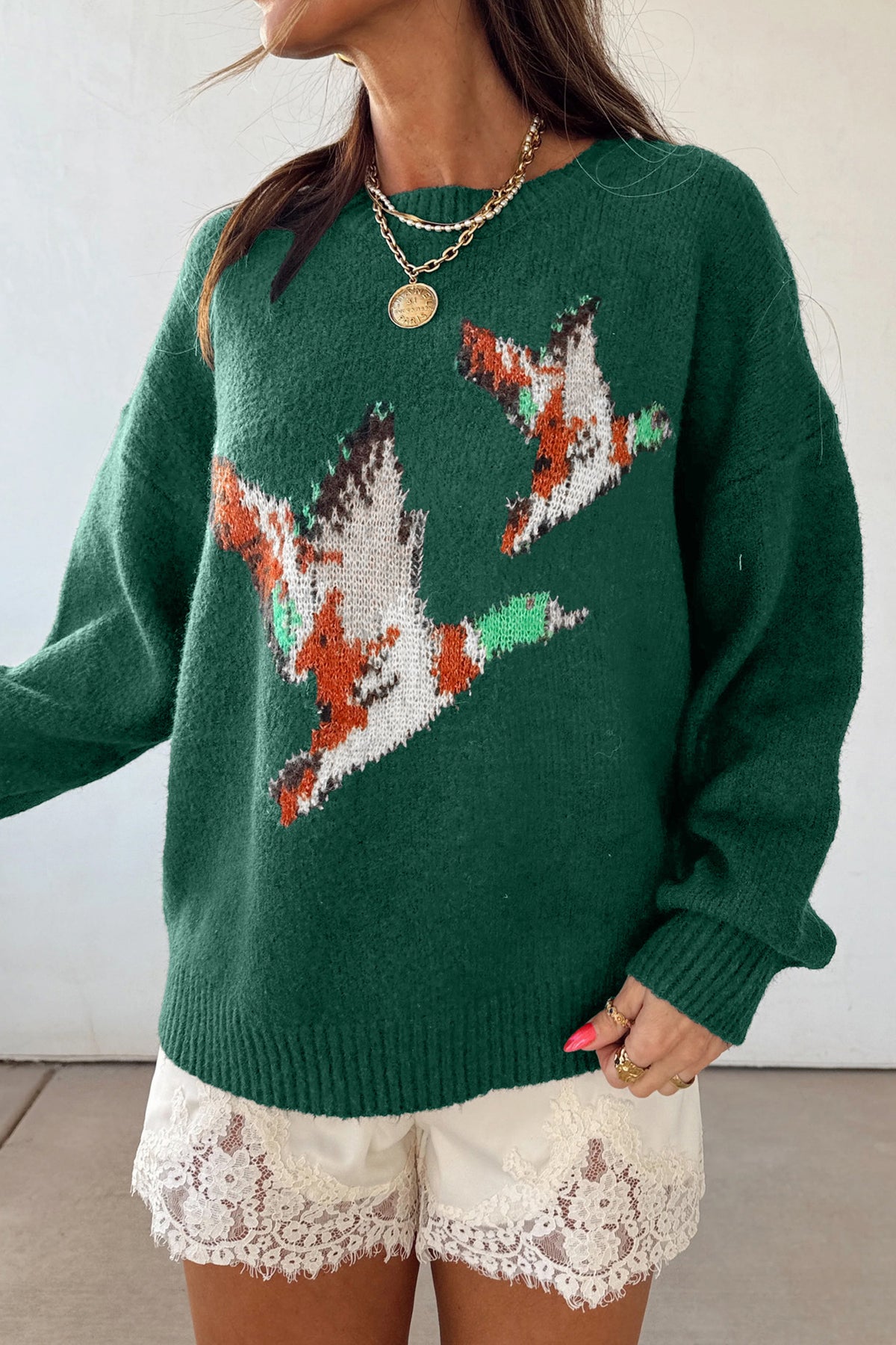 Green Wild Mallard Drop Shoulder Round Neck Long Sleeve Pullover Sweater-Sweaters & Cardigans/Sweaters-[Adult]-[Female]-2022 Online Blue Zone Planet