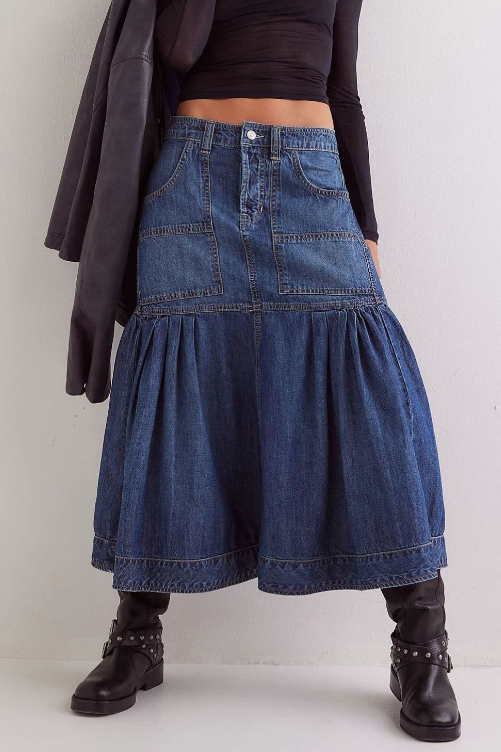 Midi Denim Skirt with Pockets-BOTTOM SIZES SMALL MEDIUM LARGE-[Adult]-[Female]-Dark-S-2022 Online Blue Zone Planet