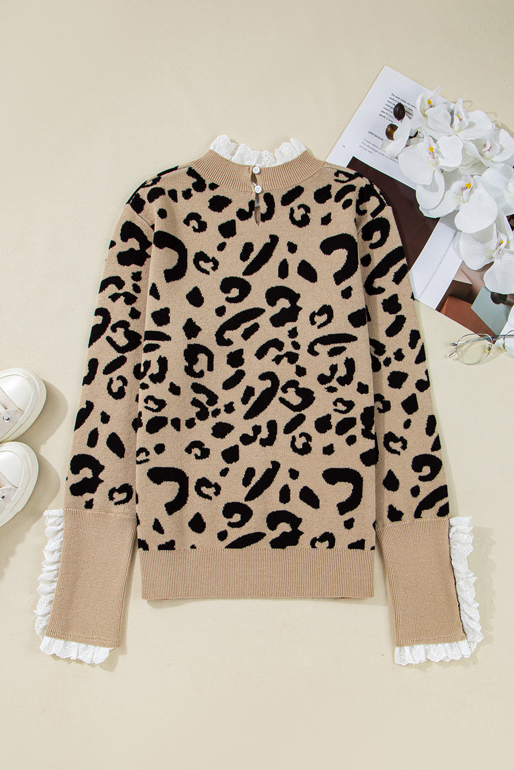 Brown Leopard Pattern Lace Ribbed Detail Button Cuffed Sweater-TOPS / DRESSES-[Adult]-[Female]-2022 Online Blue Zone Planet