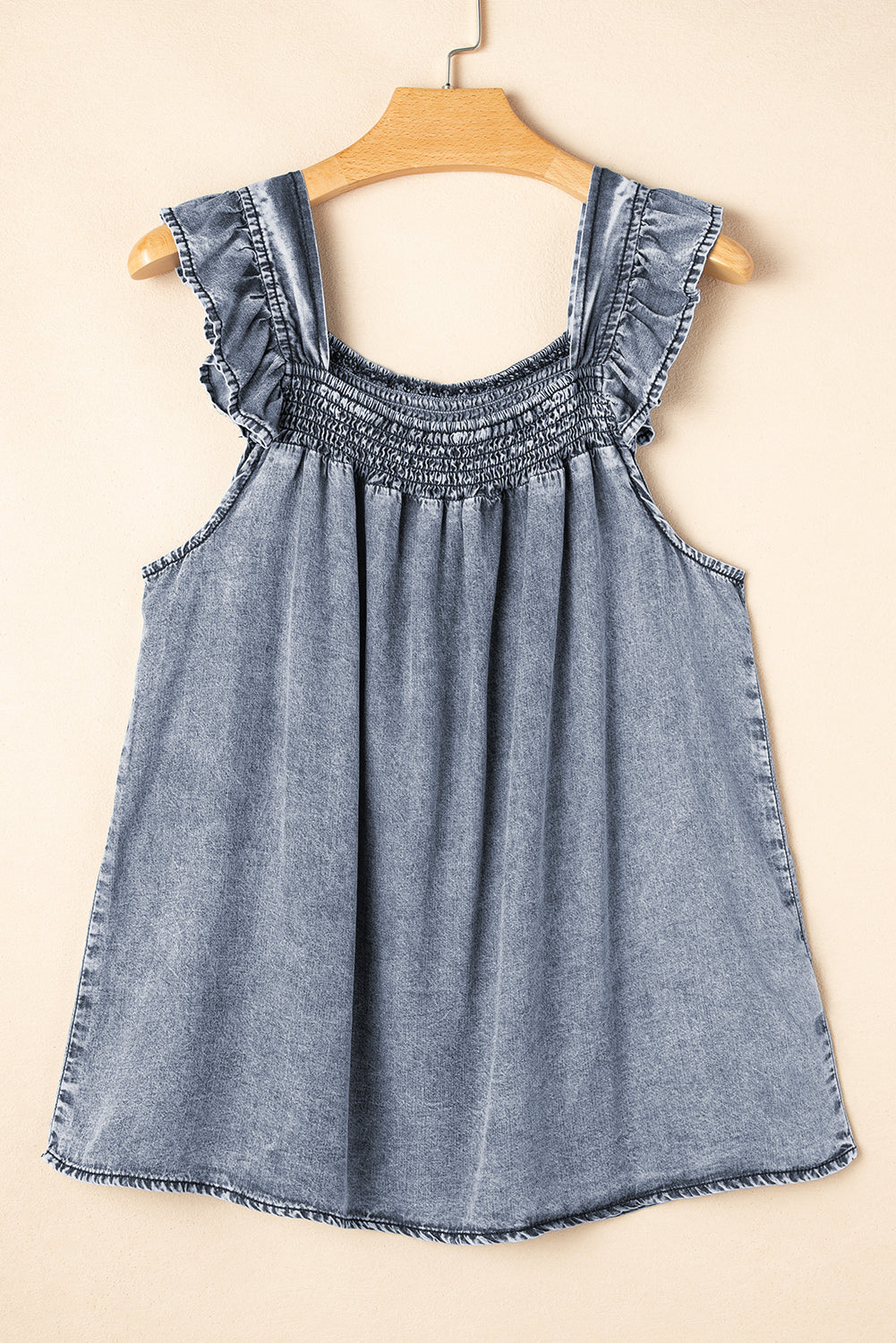 Ashleigh Blue Ruffled Shirred Neckline Sleeveless Denim Tank Top-Tops/Tank Tops-[Adult]-[Female]-2022 Online Blue Zone Planet