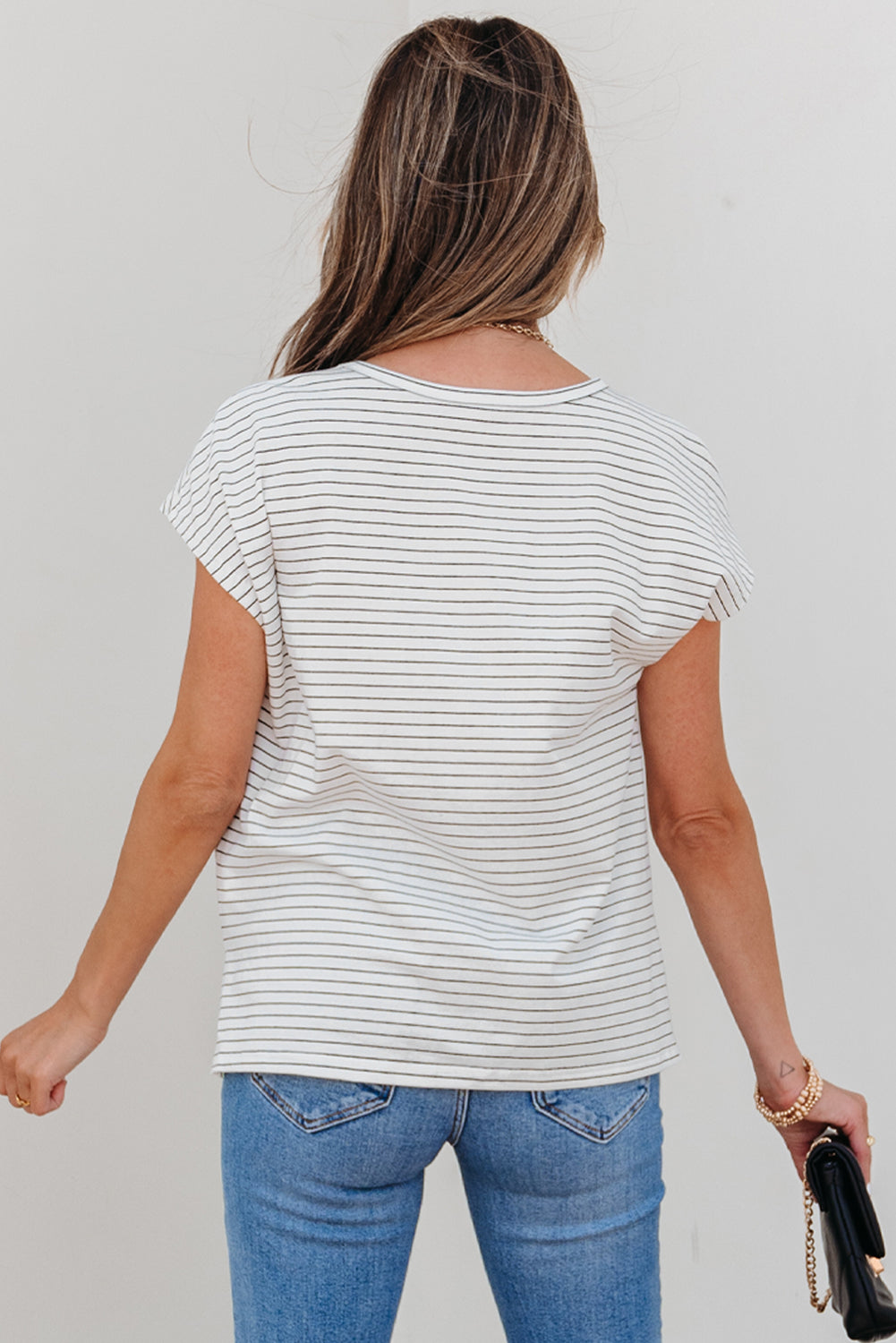 White Stripe Cap Sleeve Crew Neck Casual Tee with Chest Pocket-Tops/Tops & Tees-[Adult]-[Female]-2022 Online Blue Zone Planet