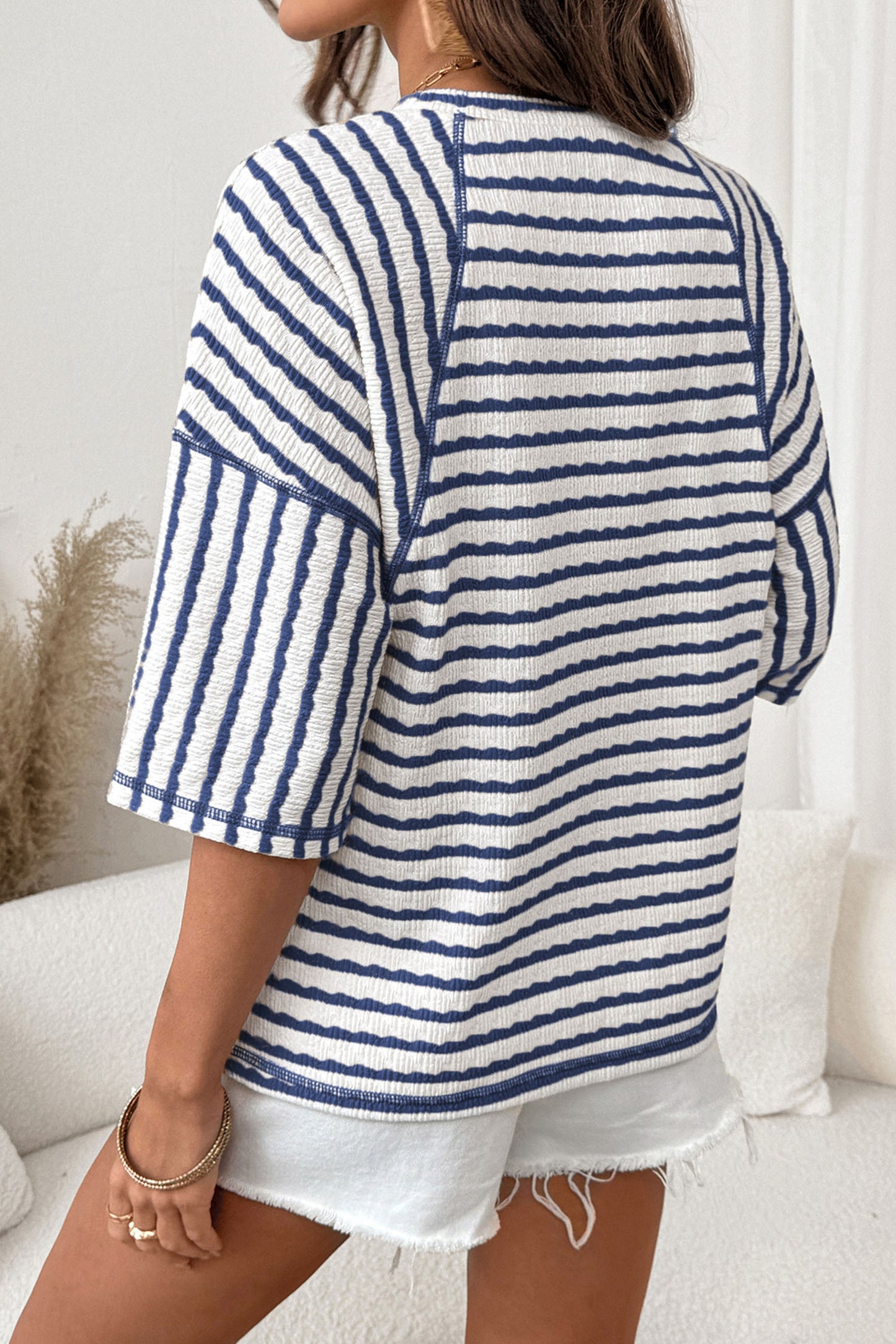 Blue Stripe Textured Knit Split Hem Half Sleeve Loose Top-Tops/Tops & Tees-[Adult]-[Female]-2022 Online Blue Zone Planet