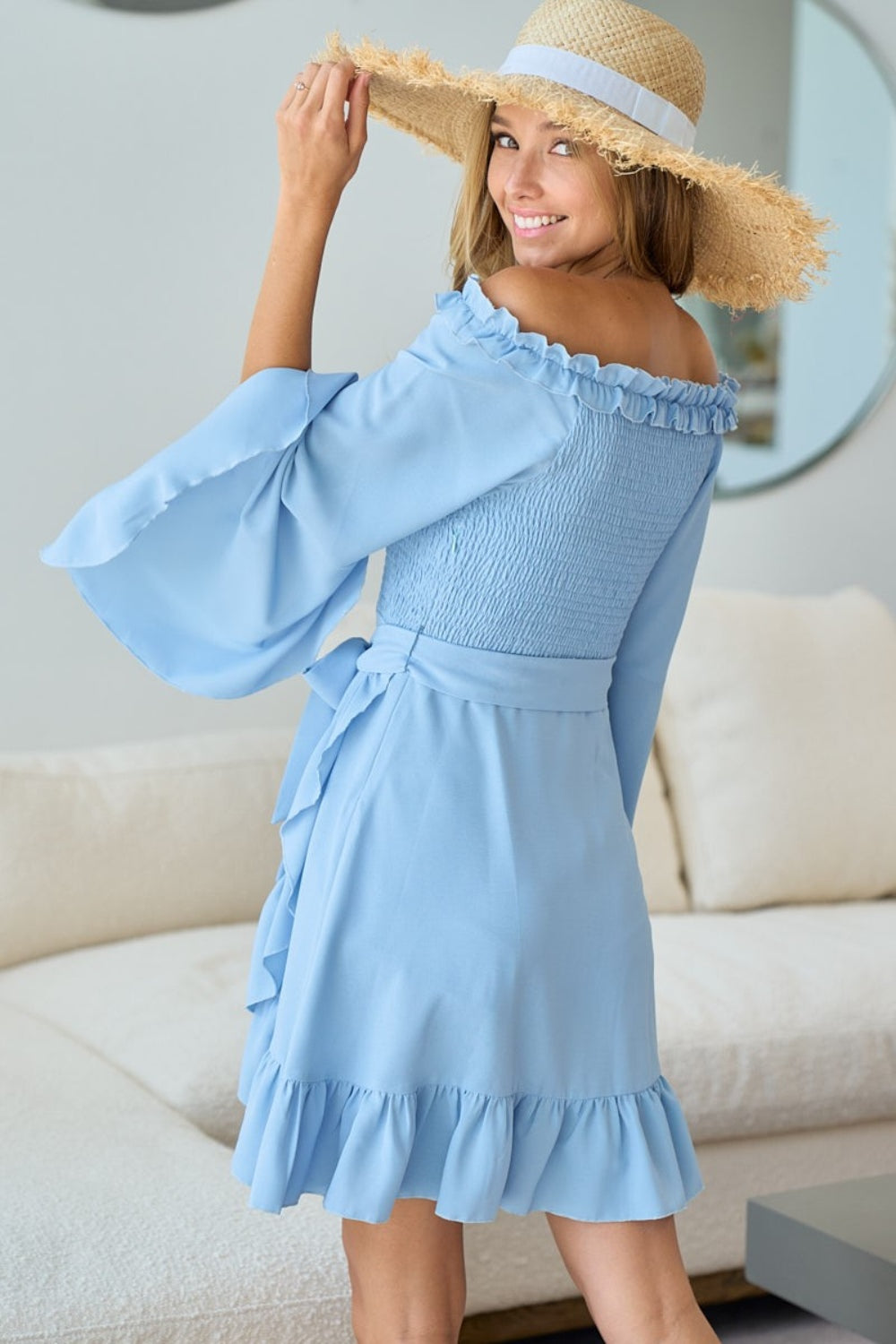 BiBi Smocked Ruffled Front Tie Mini Dress-[Adult]-[Female]-2022 Online Blue Zone Planet