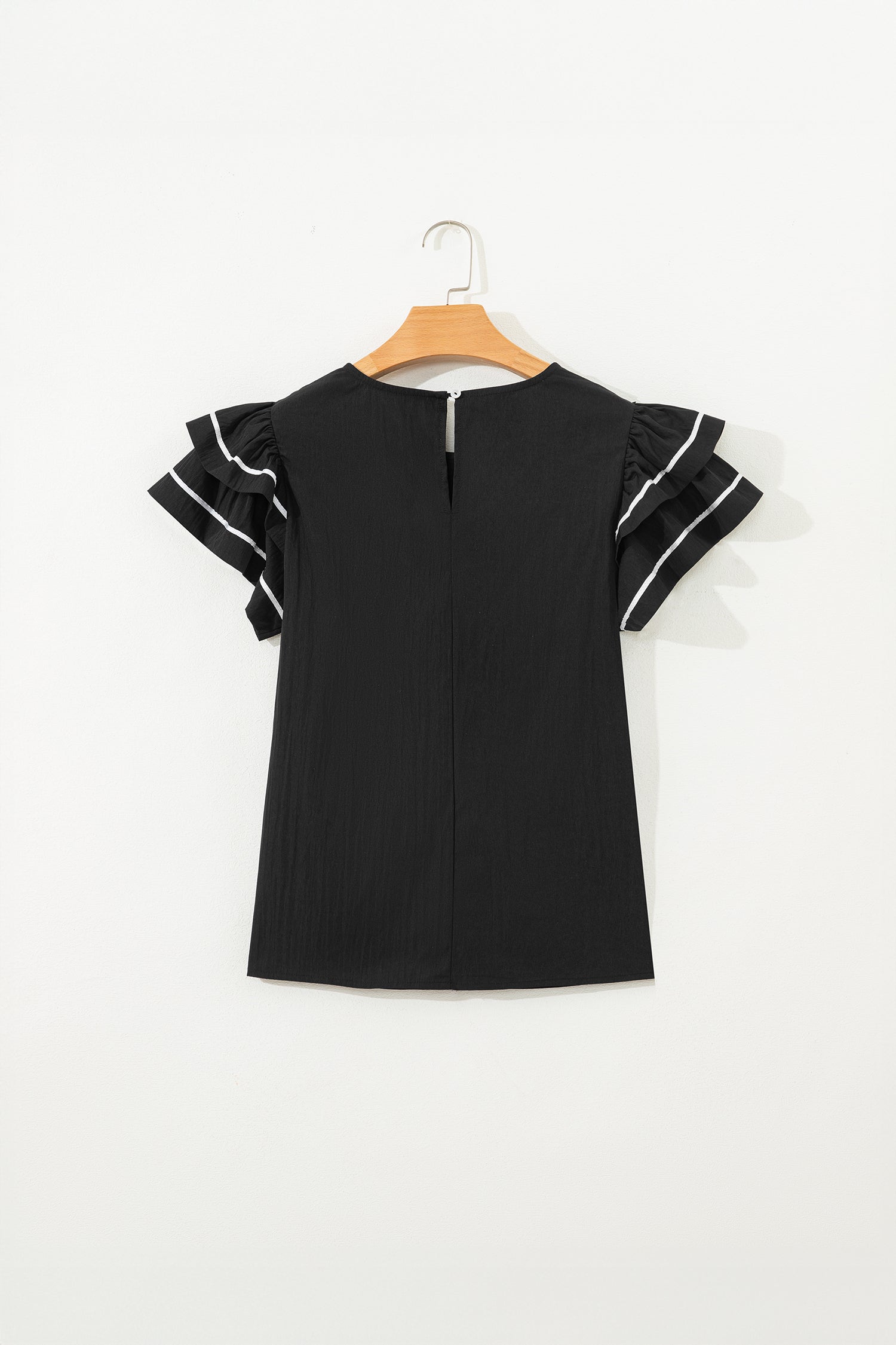 Black Contrast Trim Dual Ruffle Short Sleeve Textured Blouse-Tops/Blouses & Shirts-[Adult]-[Female]-2022 Online Blue Zone Planet