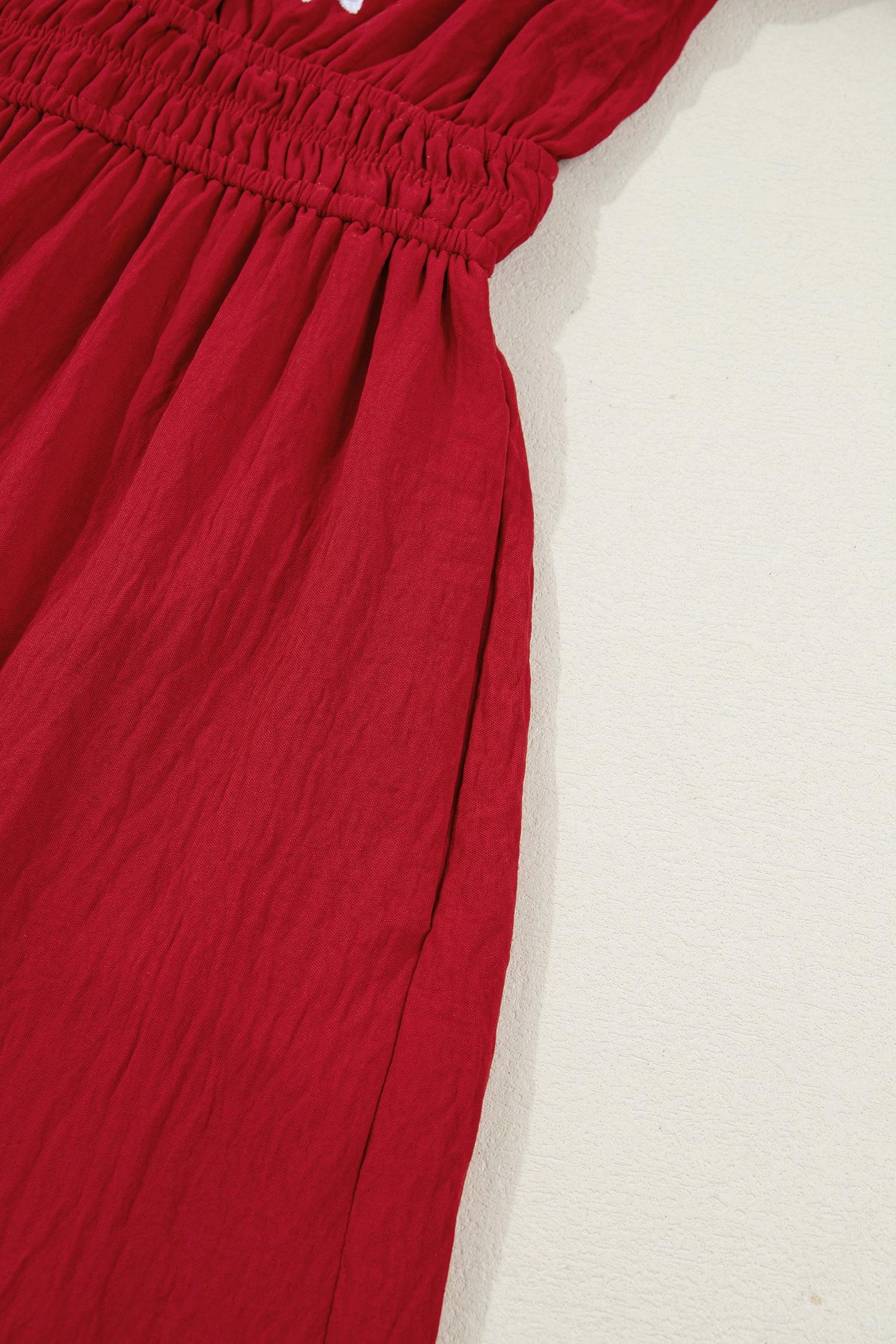 Racing Red Contrast Embroidered Detail Cinched Waist Tiered Long Sleeve Maxi Dress-TOPS / DRESSES-[Adult]-[Female]-2022 Online Blue Zone Planet