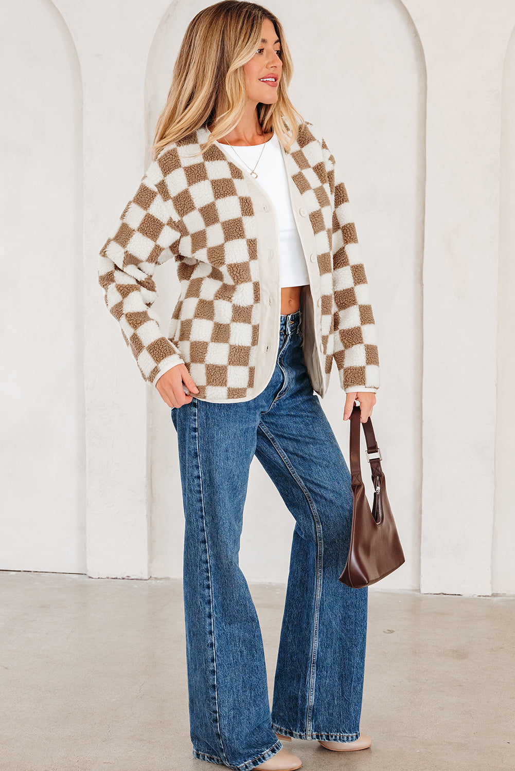 Brown Checkered Sherpa Buttoned Front Chunky Jacket-Outerwear/Jackets-[Adult]-[Female]-2022 Online Blue Zone Planet