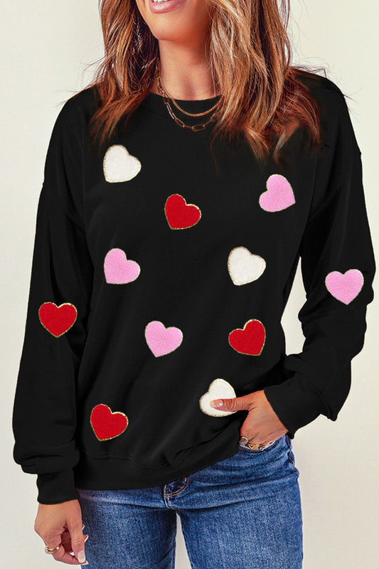 Blue Zone Planet | Valentine's Day Contrast Heart Long Sleeve Sweatshirt-TOPS / DRESSES-[Adult]-[Female]-Black-S-2022 Online Blue Zone Planet