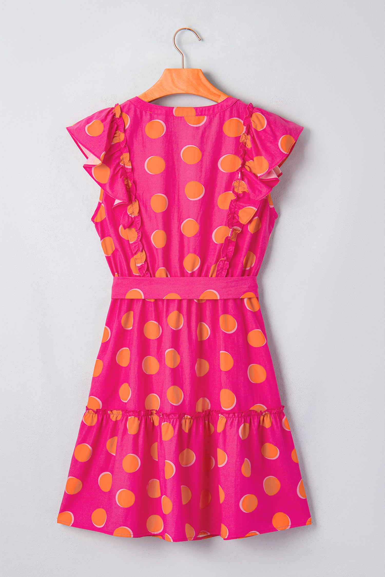 Rose Double Polka Dot V Neck Ruffled Short Sleeve Dress-TOPS / DRESSES-[Adult]-[Female]-2022 Online Blue Zone Planet