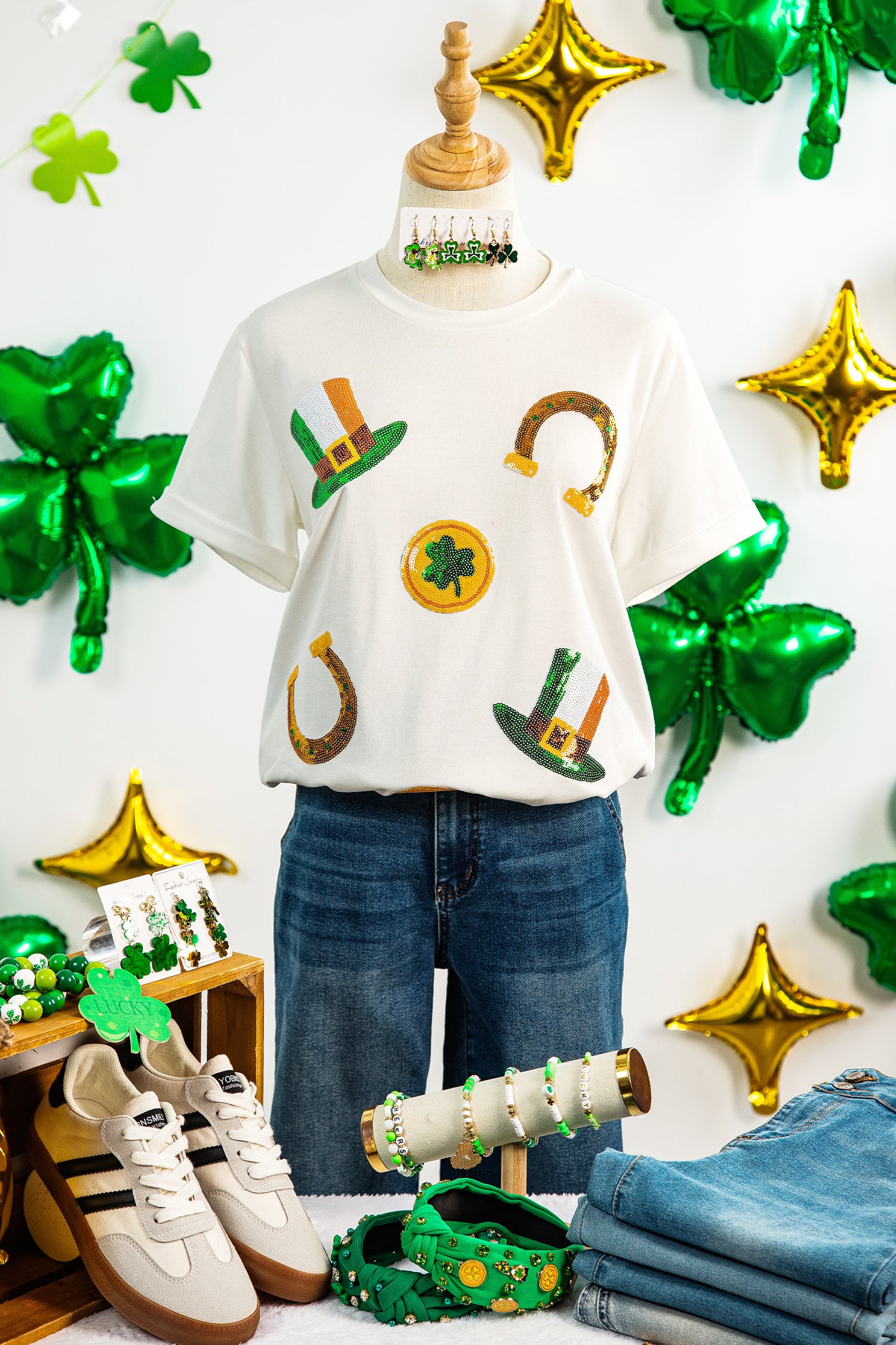 White St Patricks Day Sequin Graphic Casual T Shirt-Graphic/Graphic Tees-[Adult]-[Female]-2022 Online Blue Zone Planet