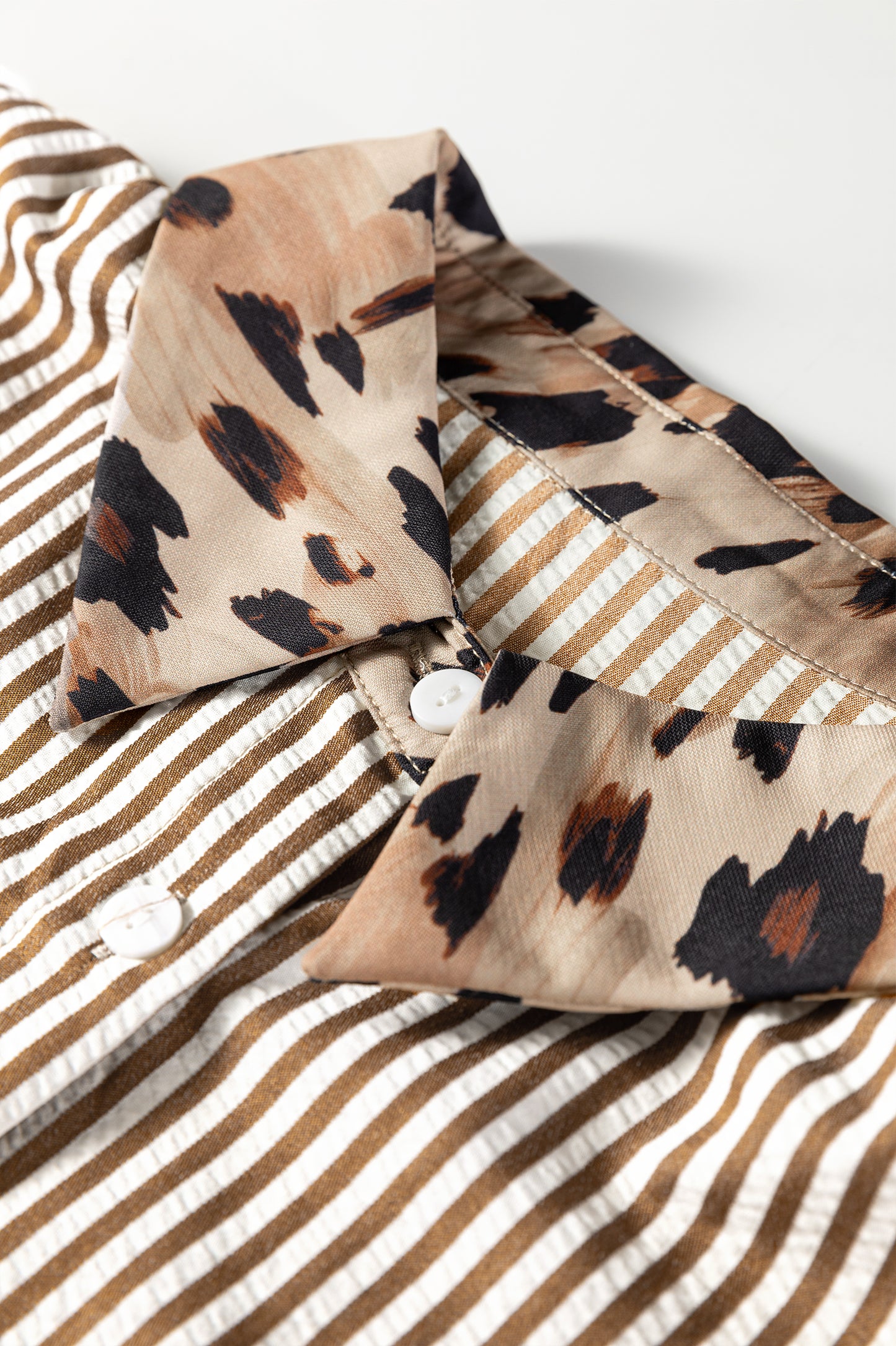 Brown Stripe Leopard Patched Collared Chest Pocket Cuffed Long Sleeve Plus Size Shirt-Plus Size/Plus Size Tops/Plus Size Blouses & Shirts-[Adult]-[Female]-2022 Online Blue Zone Planet