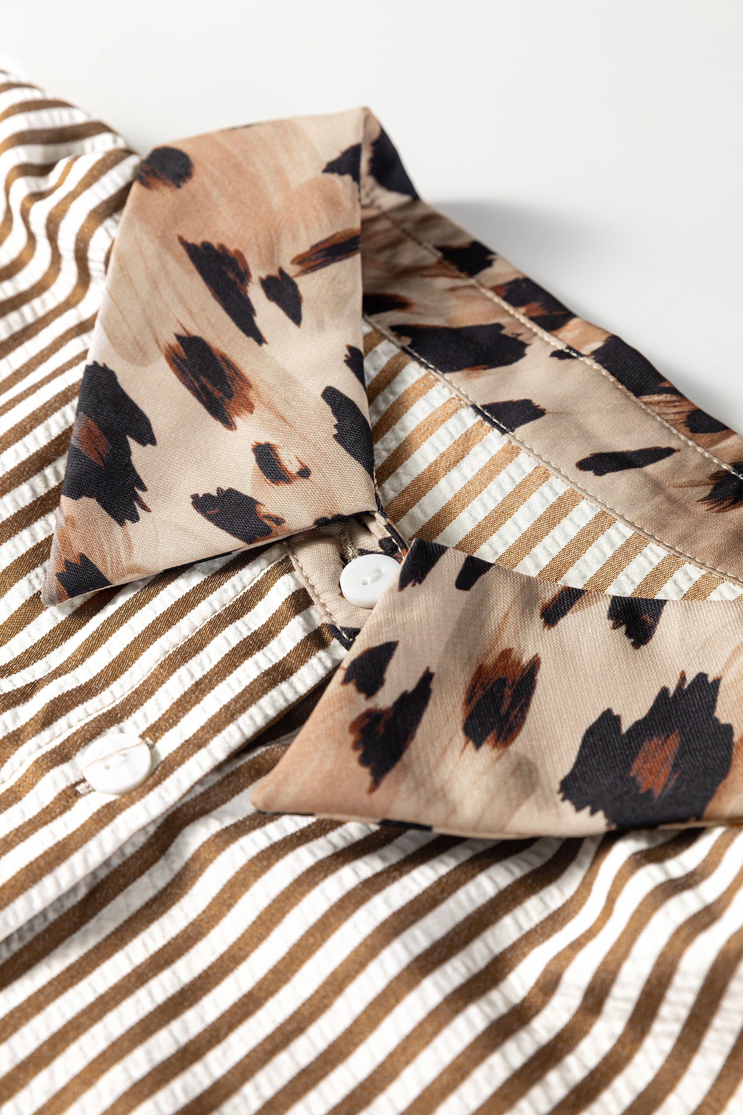 Brown Stripe Leopard Patched Collared Chest Pocket Cuffed Long Sleeve Plus Size Shirt-Plus Size/Plus Size Tops/Plus Size Blouses & Shirts-[Adult]-[Female]-2022 Online Blue Zone Planet