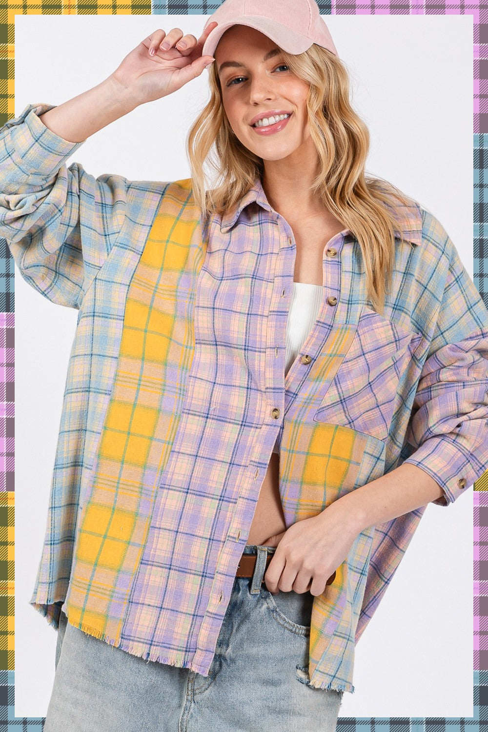 SAGE + FIG Button Up Raw Hem Plaid Flannel Shirt-TOPS / DRESSES-[Adult]-[Female]-2022 Online Blue Zone Planet