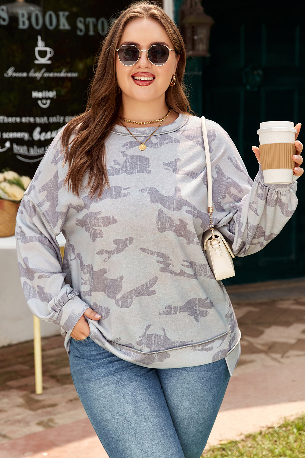 Multicolour Camouflage Print Round Neck Plus Size Sweatshirt-Plus Size/Plus Size Sweatshirts & Hoodies-[Adult]-[Female]-2022 Online Blue Zone Planet