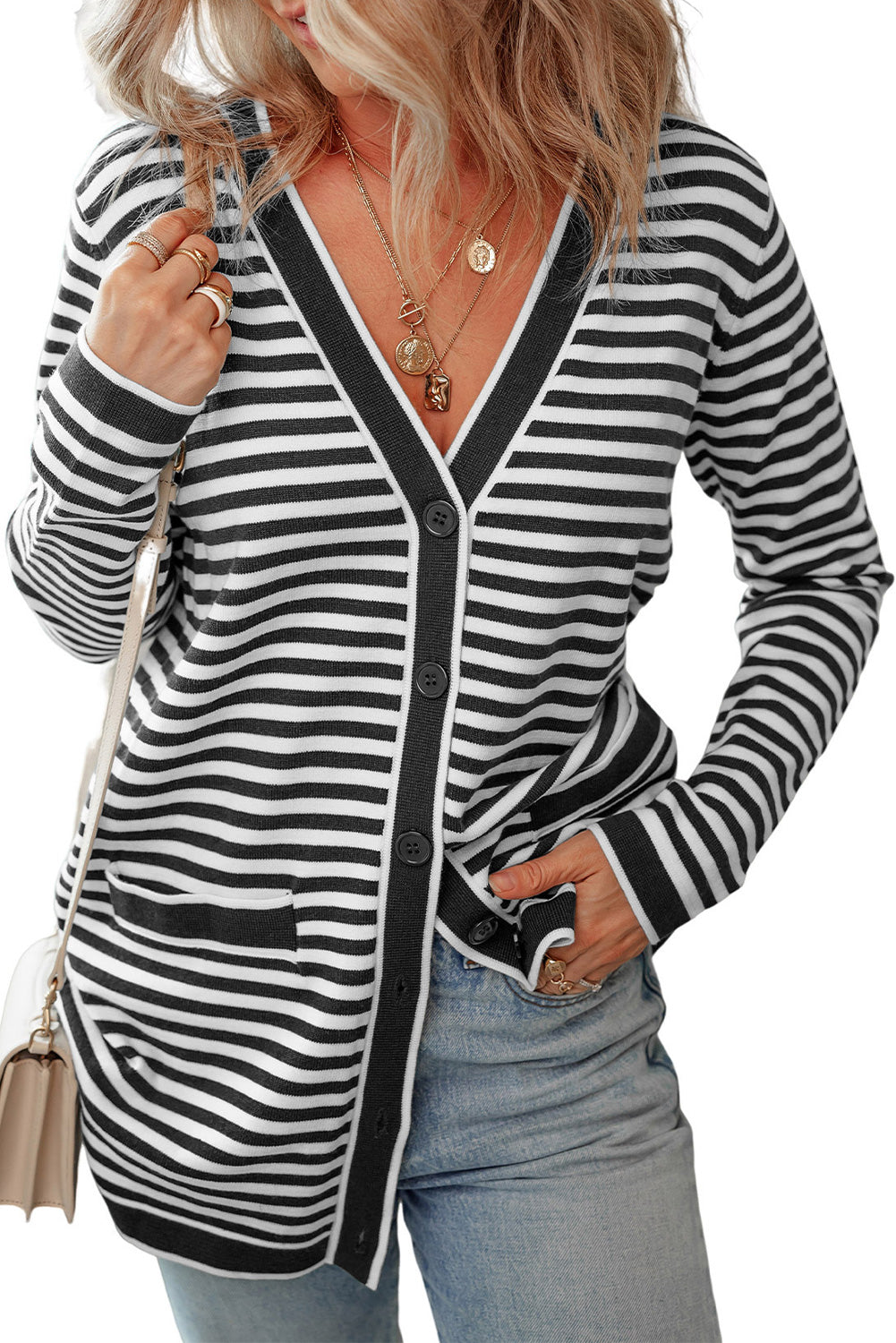 Striped Open Front Long Sleeve Cardigan-TOPS / DRESSES-[Adult]-[Female]-2022 Online Blue Zone Planet