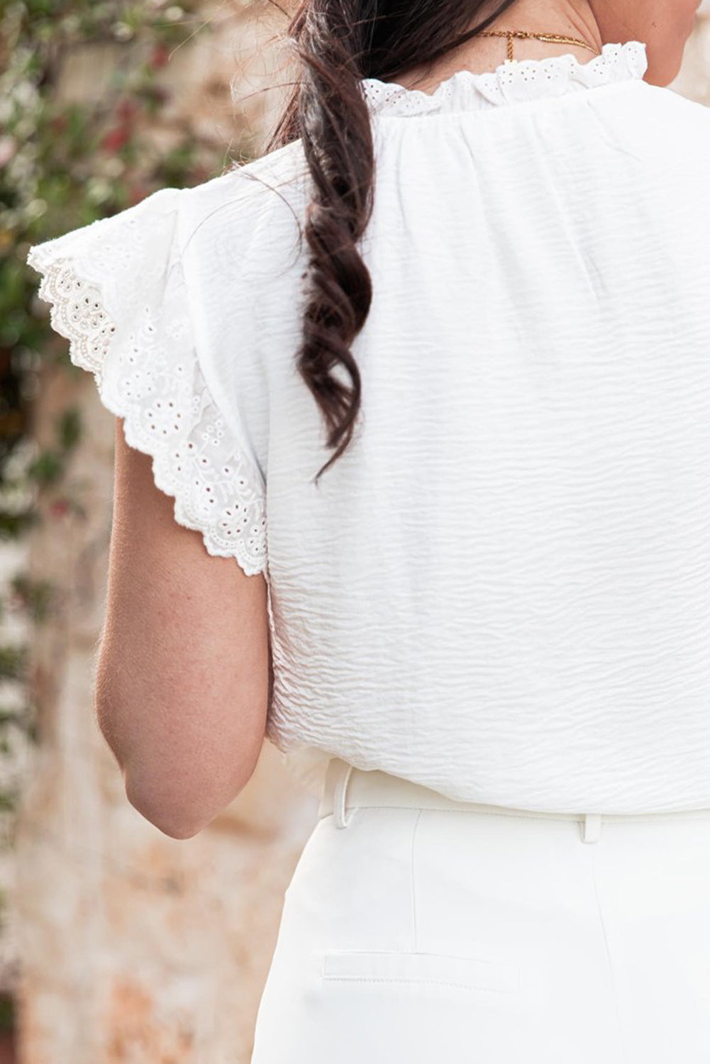 White Embroidered Ruffle Trim Textured Blouse-Tops/Blouses & Shirts-[Adult]-[Female]-2022 Online Blue Zone Planet