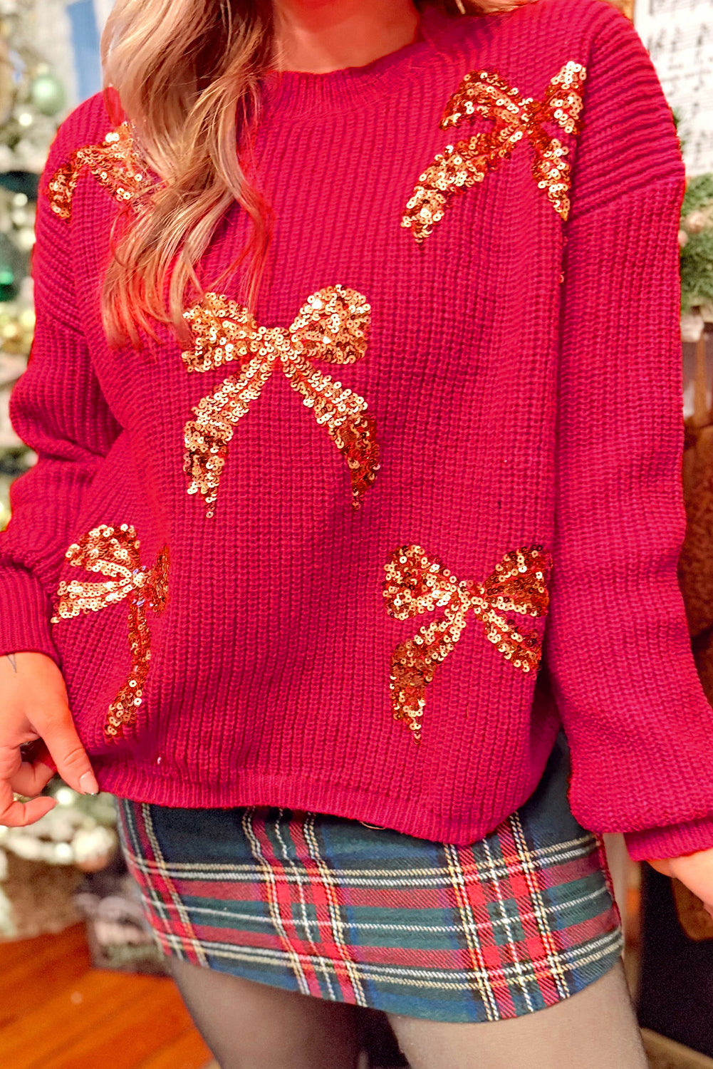 Fiery Red Sequin Bow Accent Drop Shoulder Festive Sweater-TOPS / DRESSES-[Adult]-[Female]-2022 Online Blue Zone Planet