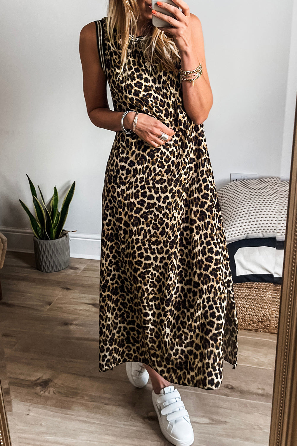 Black Contrast Striped Trim Leopard Sleeveless Maxi Dress-Dresses/Maxi Dresses-[Adult]-[Female]-Black-S-2022 Online Blue Zone Planet