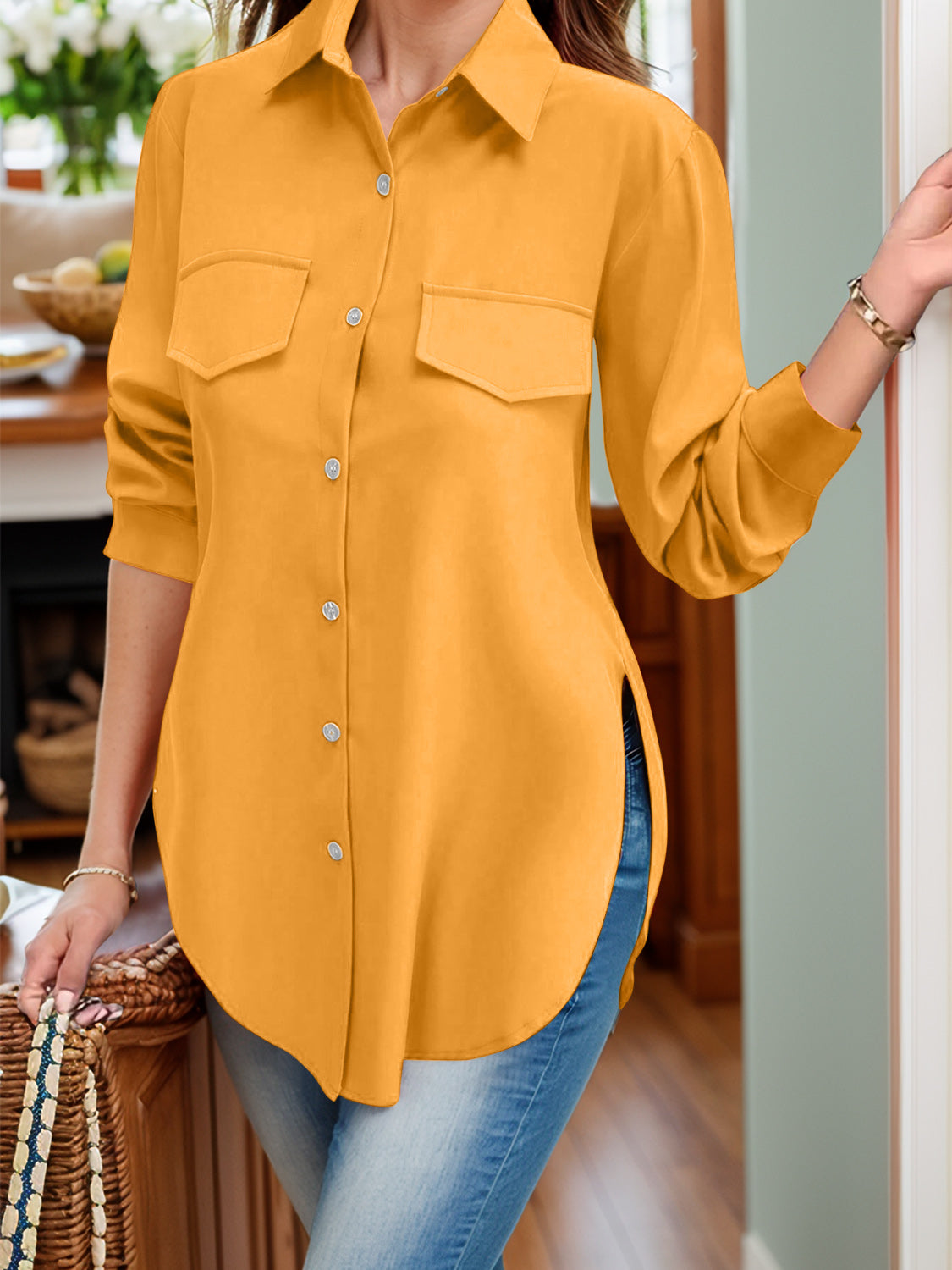 Full Size Side Slit Collared Neck Long Sleeve Shirt-TOPS / DRESSES-[Adult]-[Female]-Gold-S-2022 Online Blue Zone Planet