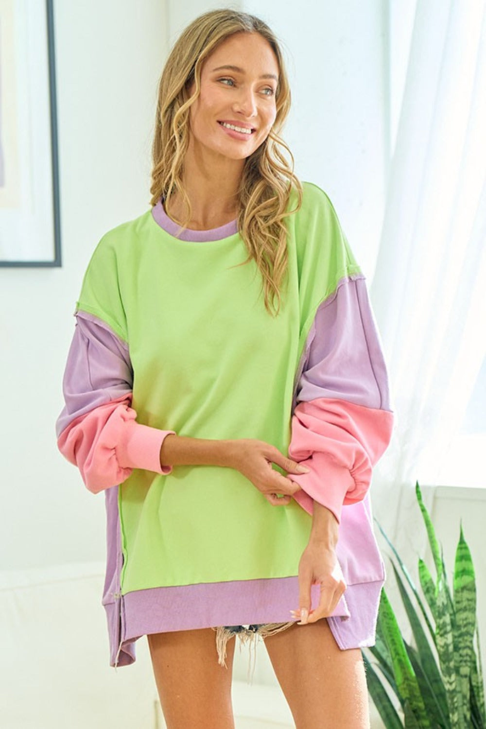 First Love Color Block Long Sleeve Slit Sweatshirt-TOPS / DRESSES-[Adult]-[Female]-2022 Online Blue Zone Planet