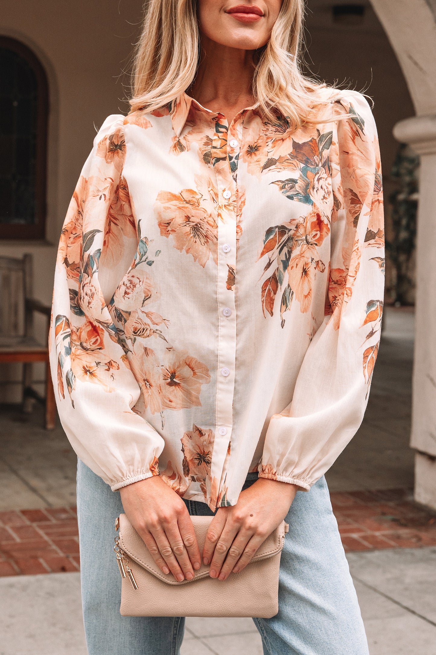 Orange Floral Puff Sleeve Lightweight Shirt-Tops/Blouses & Shirts-[Adult]-[Female]-2022 Online Blue Zone Planet