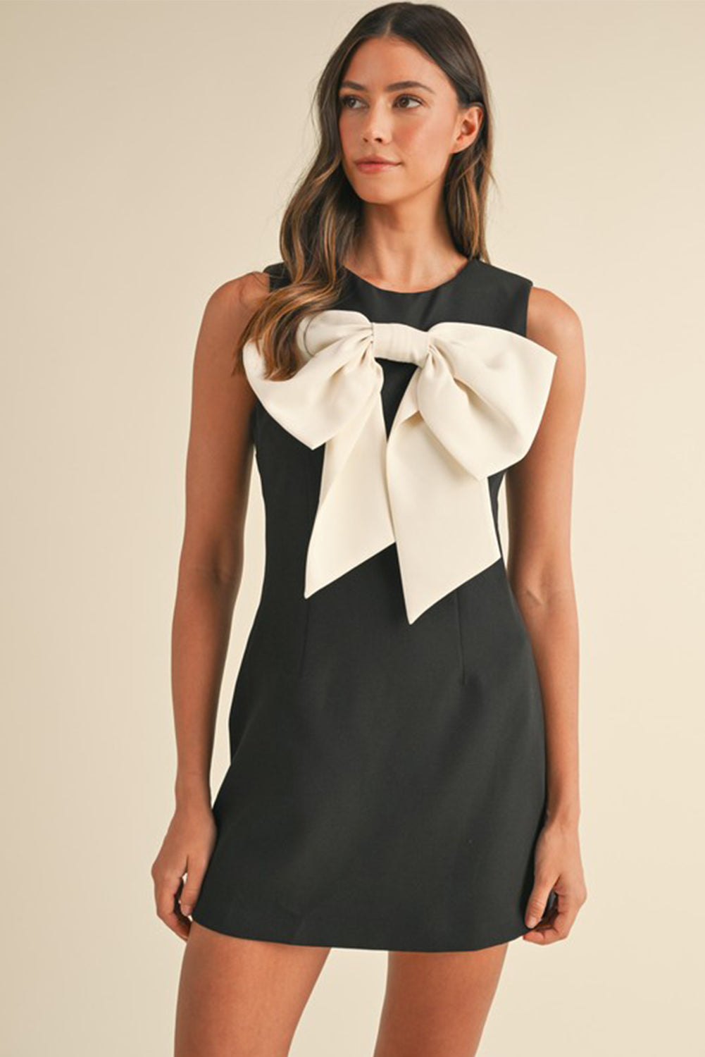 Black Contrast Bowknot Applique Crew Neck Sleeveless Mini Dress-TOPS / DRESSES-[Adult]-[Female]-2022 Online Blue Zone Planet