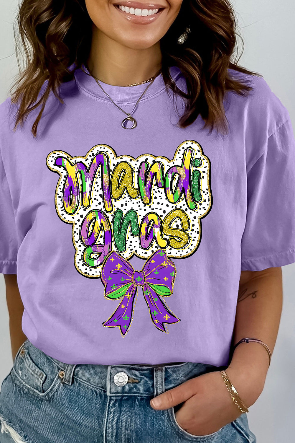 Wisteria mardi gras Bow Graphic Crewneck Holiday T Shirt-Graphic Tees-[Adult]-[Female]-2022 Online Blue Zone Planet