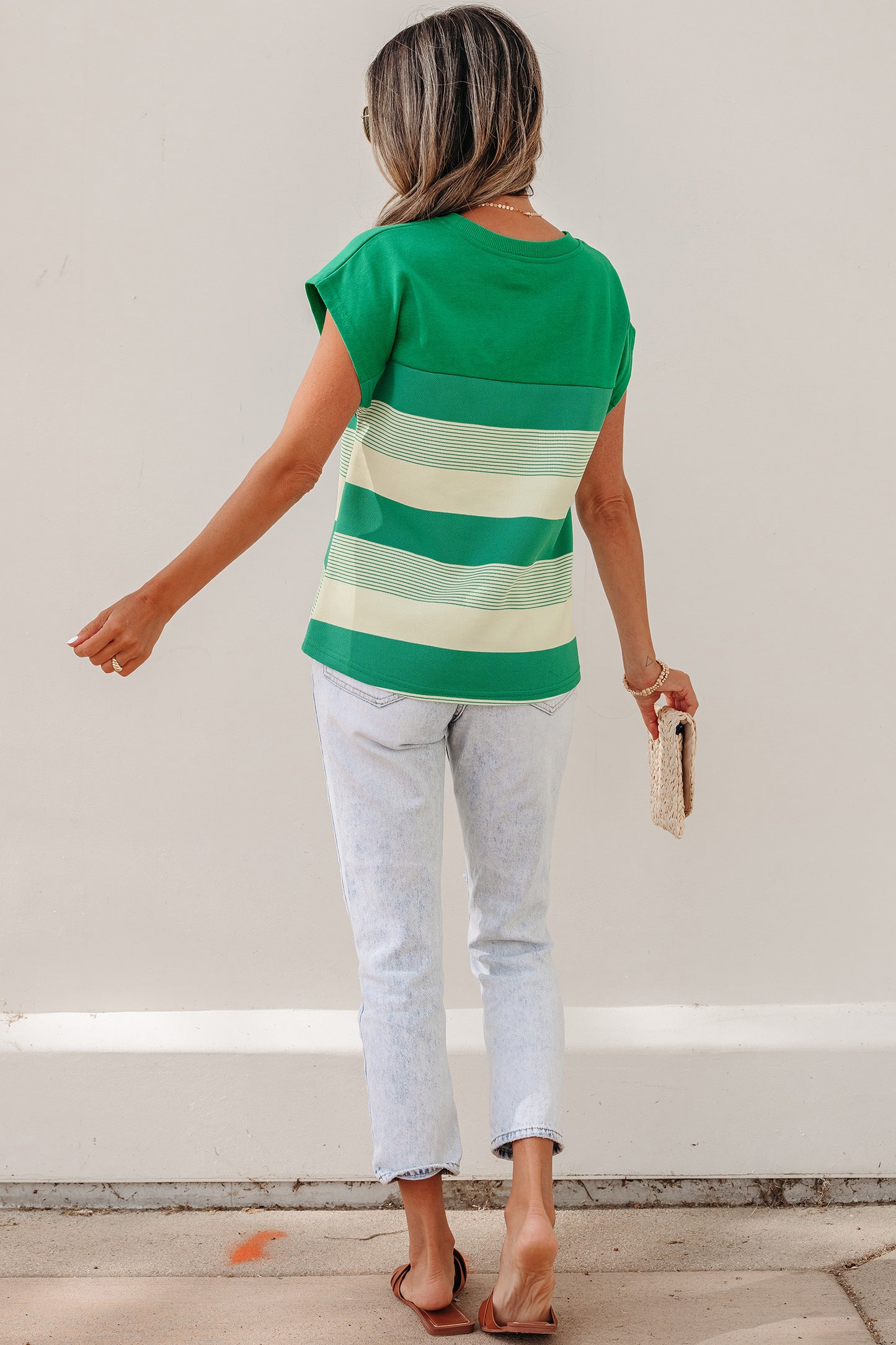Green Stripe Mixed Print Crew Neck Cap Sleeve T Shirt-Tops/Tops & Tees-[Adult]-[Female]-2022 Online Blue Zone Planet