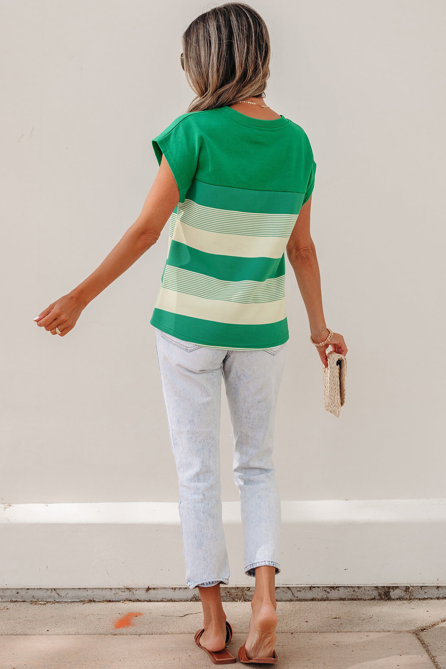 Green Stripe Mixed Print Crew Neck Cap Sleeve T Shirt-Tops/Tops & Tees-[Adult]-[Female]-2022 Online Blue Zone Planet