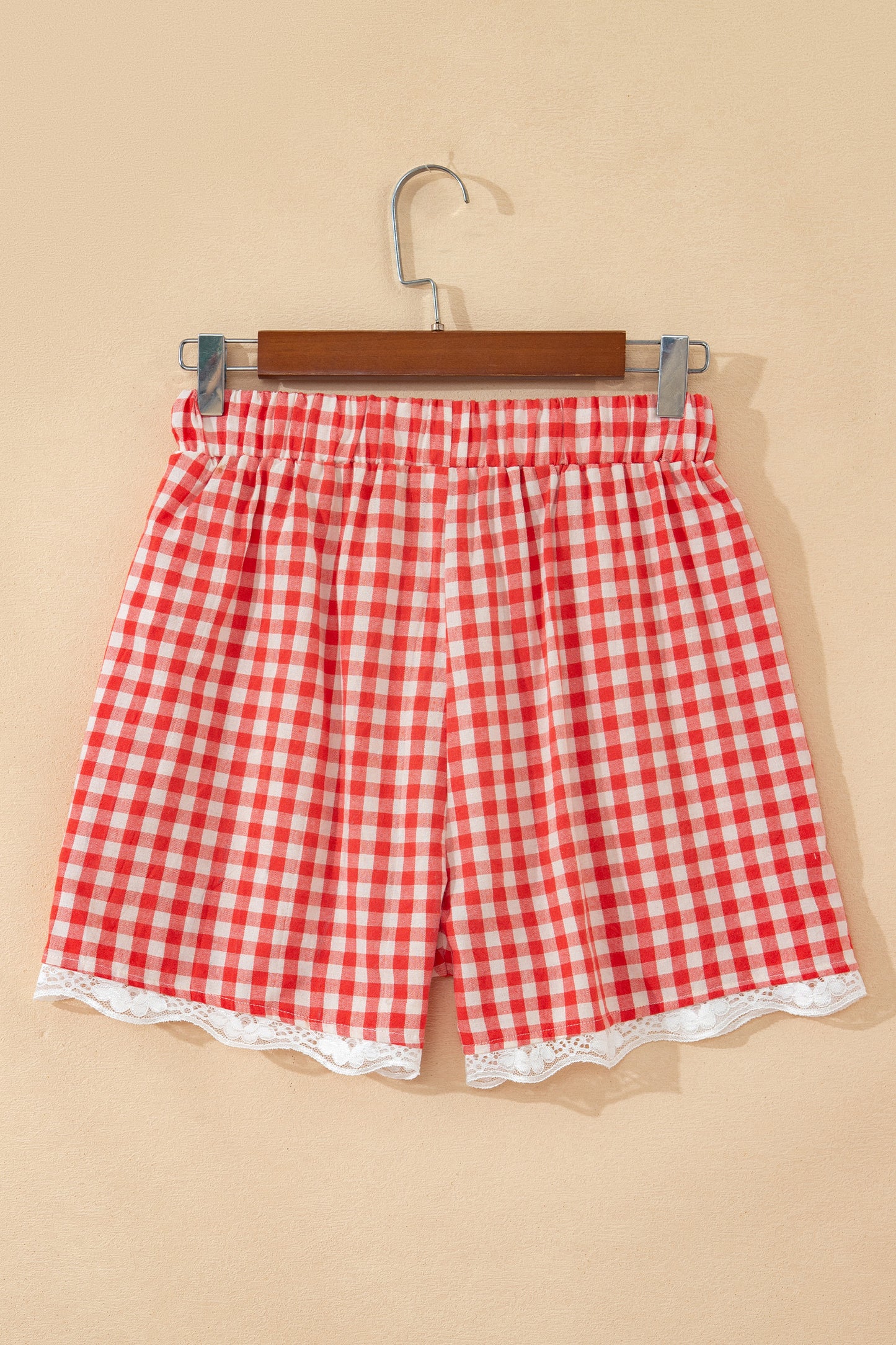 Red Gingham Plaid Tie Elastic Waist Lace Patchwork Hem Casual Shorts-Bottoms/Casual Shorts-[Adult]-[Female]-2022 Online Blue Zone Planet