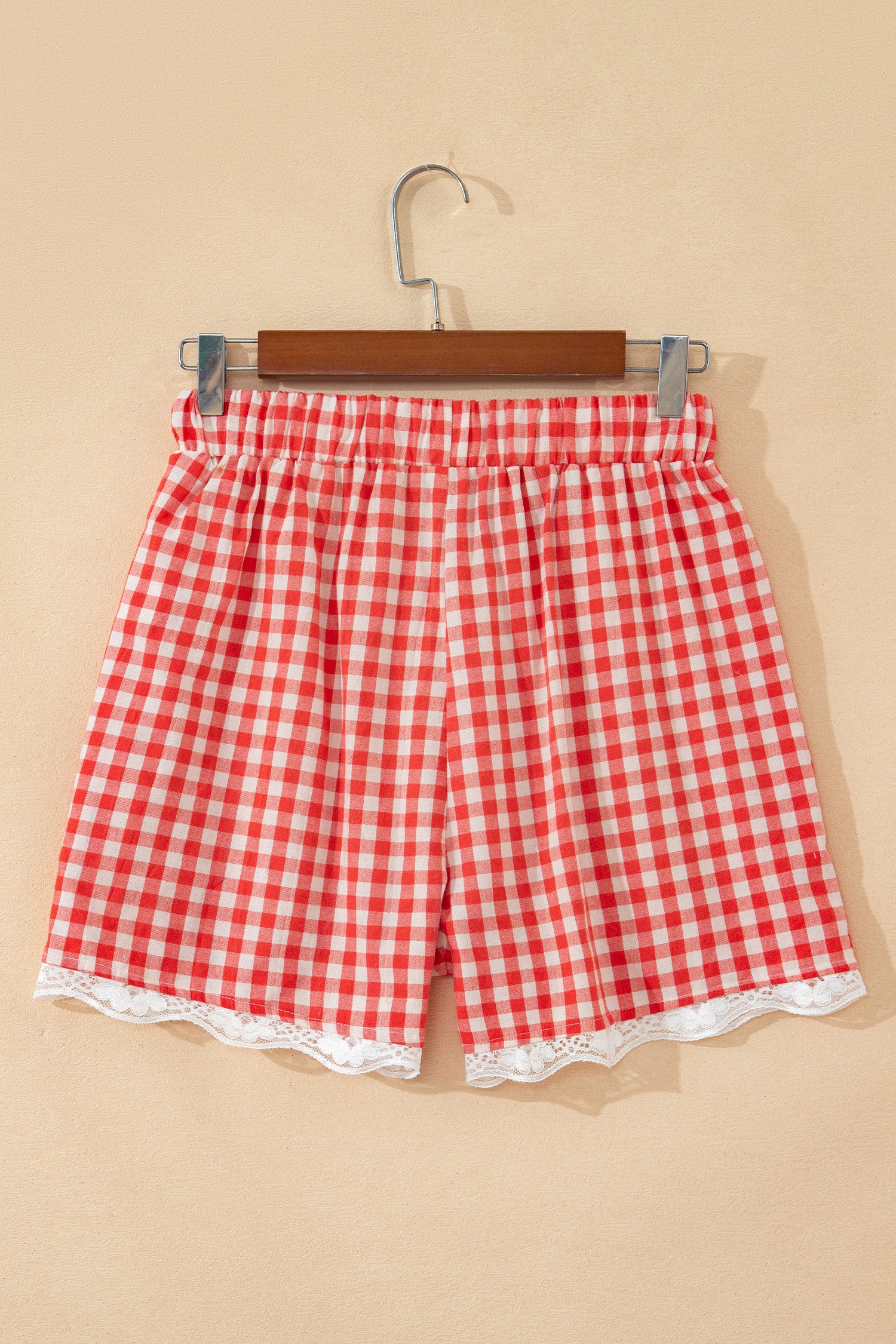 Red Gingham Plaid Tie Elastic Waist Lace Patchwork Hem Casual Shorts-Bottoms/Casual Shorts-[Adult]-[Female]-2022 Online Blue Zone Planet