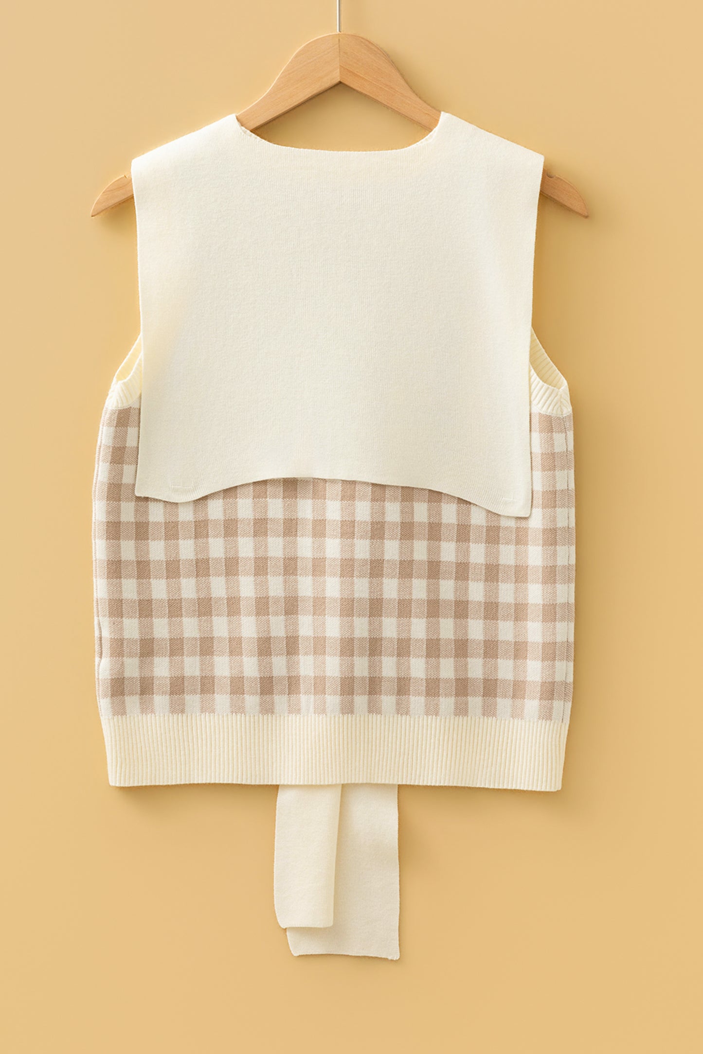 Khaki Gingham Plaid Knit Detachable Shawl Wrap Sweater Tank Top-TOPS / DRESSES-[Adult]-[Female]-2022 Online Blue Zone Planet