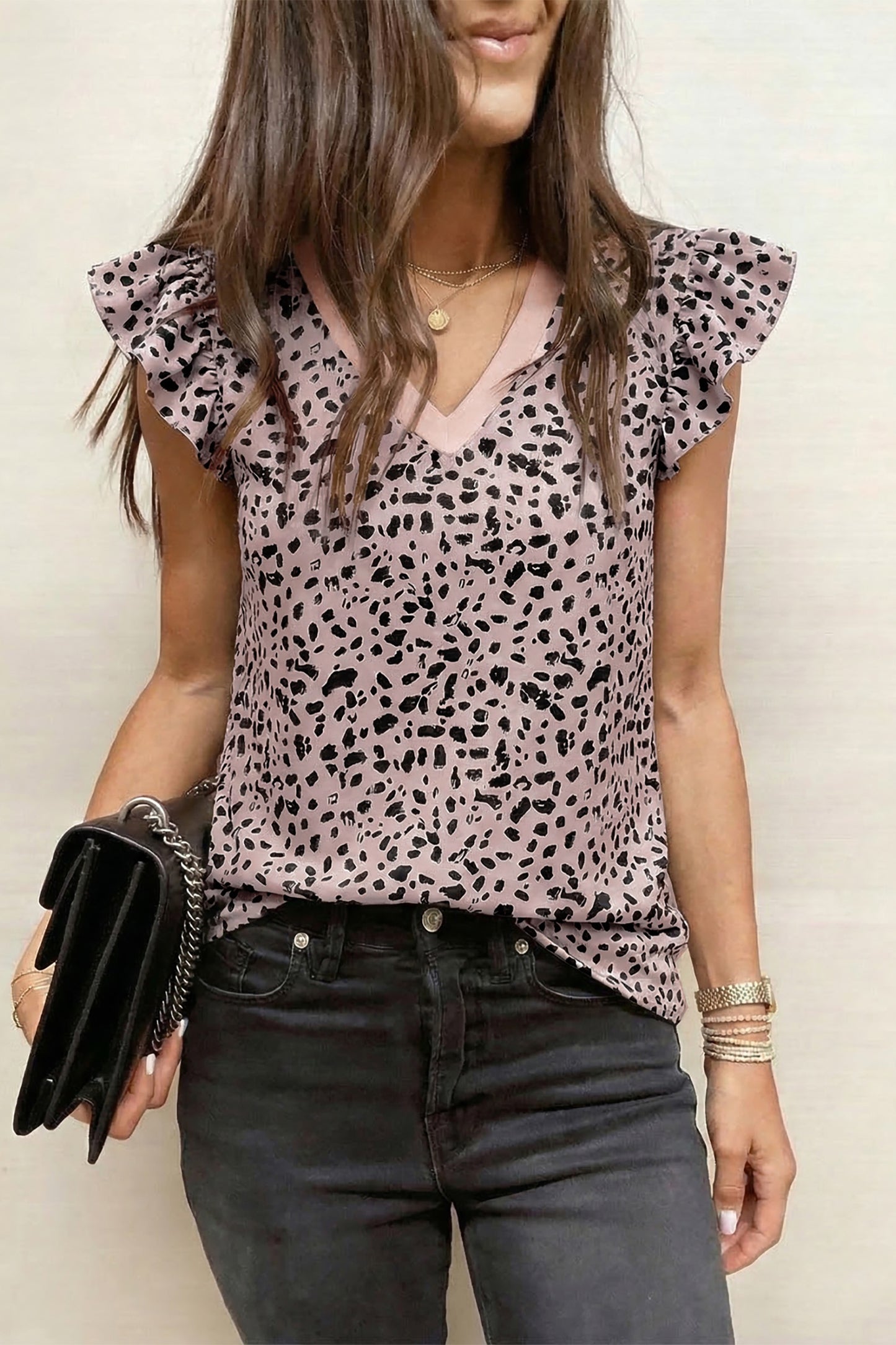 Black Cheetah Print V Neck Ruffle Trim Loose Tank Top-Tops/Tank Tops-[Adult]-[Female]-2022 Online Blue Zone Planet