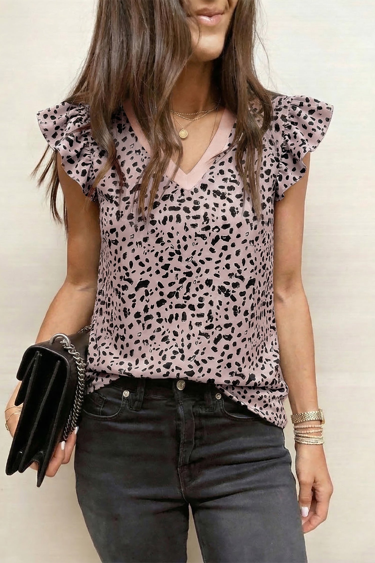 Black Cheetah Print V Neck Ruffle Trim Loose Tank Top-Tops/Tank Tops-[Adult]-[Female]-2022 Online Blue Zone Planet