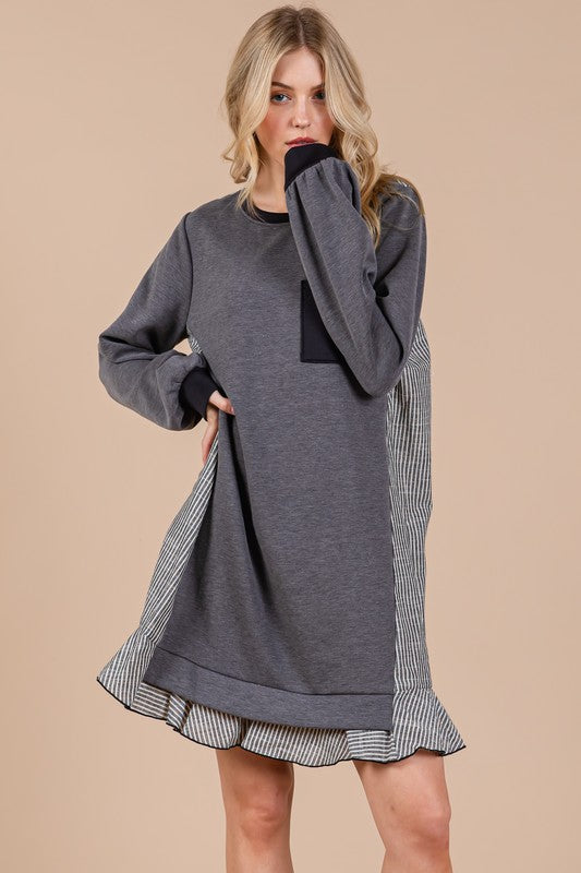 Ces Femme Striped Patchwork Round Neck Terry Sweatshirt Dress-TOPS / DRESSES-[Adult]-[Female]-2022 Online Blue Zone Planet