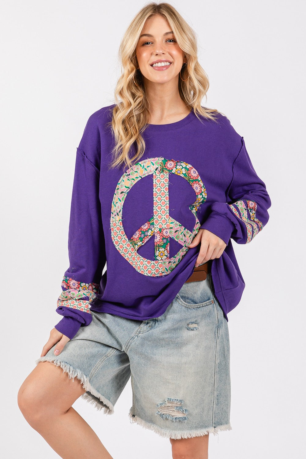 SAGE+FIG Peace Applique Patch Long Sleeve Top-TOPS / DRESSES-[Adult]-[Female]-Blueberry-S-2022 Online Blue Zone Planet