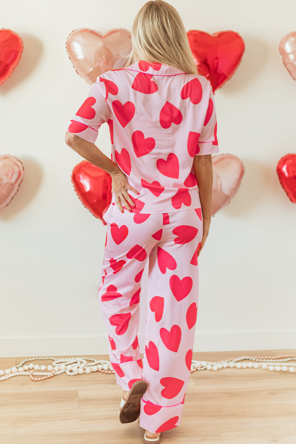 Blue Zone Planet | Pink Classic Heart Valentines Short Sleeve Pants Pajamas Set-Loungewear & Sleepwear/Sleepwear-[Adult]-[Female]-2022 Online Blue Zone Planet