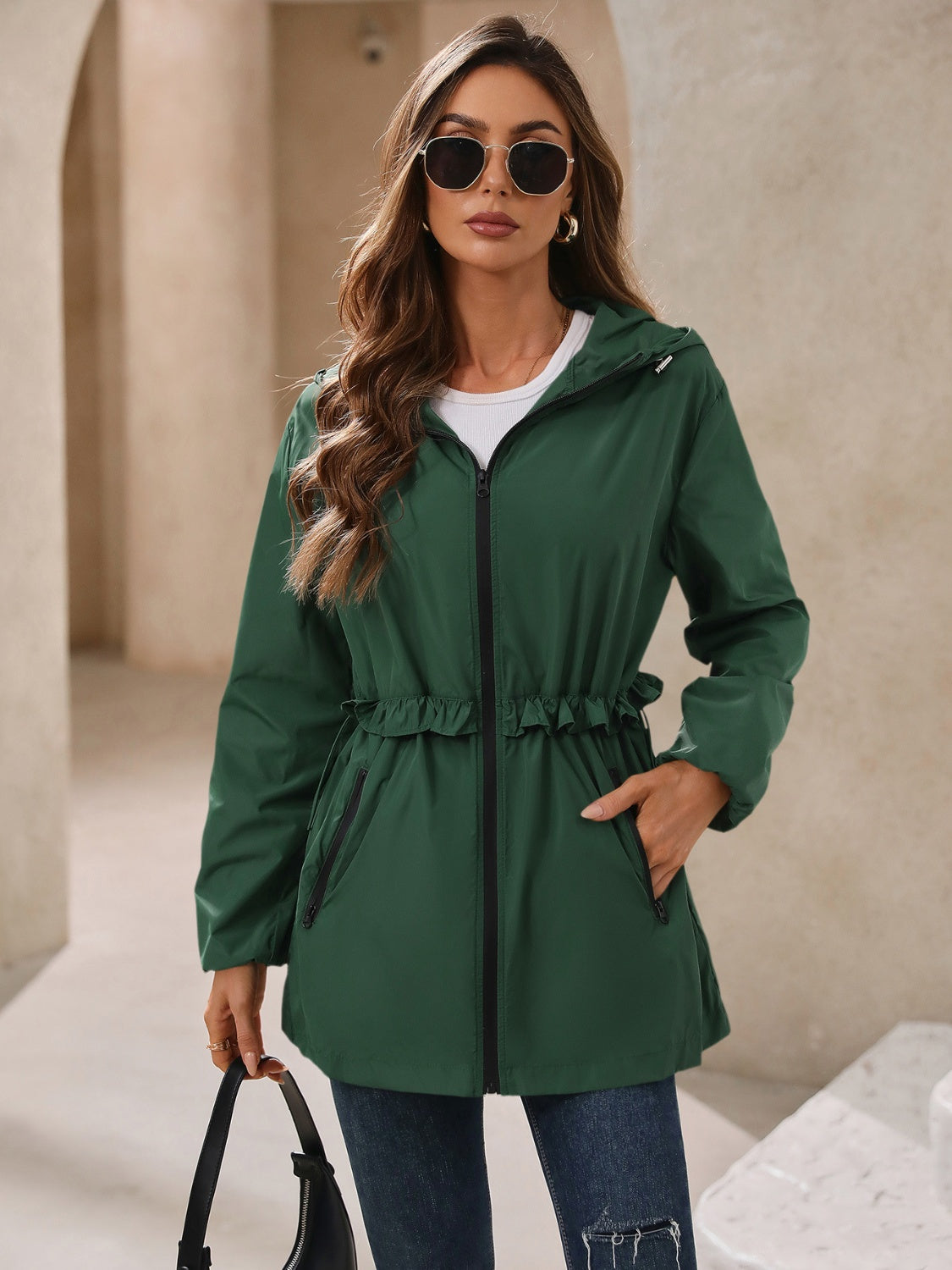 Zip Up Long Sleeve Hooded Jacket-TOPS / DRESSES-[Adult]-[Female]-Dark Green-S-2022 Online Blue Zone Planet