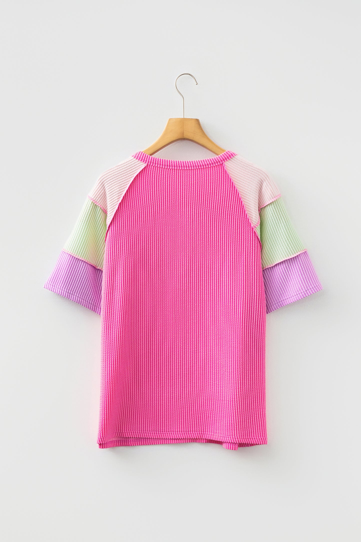 Bright Pink Twisted Ribbed Color Block Patchwork Henley Short Sleeve T Shirt-Tops/Tops & Tees-[Adult]-[Female]-2022 Online Blue Zone Planet