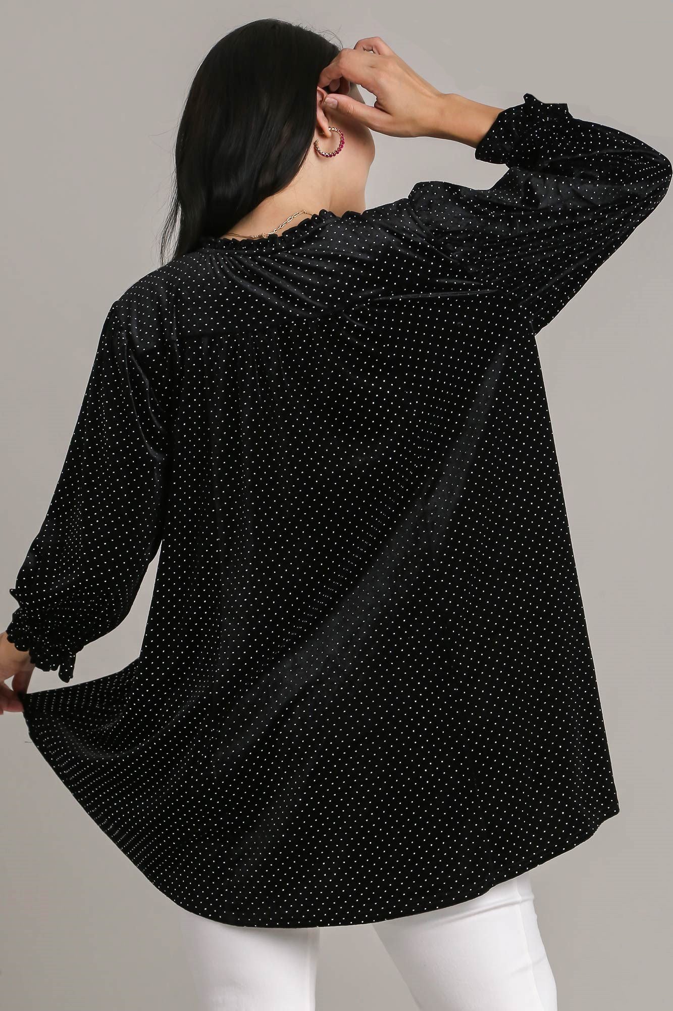 Blue Zone Planet | Umgee Full Size Beaded Frill Flounce Sleeve Velvet Babydoll Blouse-TOPS / DRESSES-[Adult]-[Female]-2022 Online Blue Zone Planet